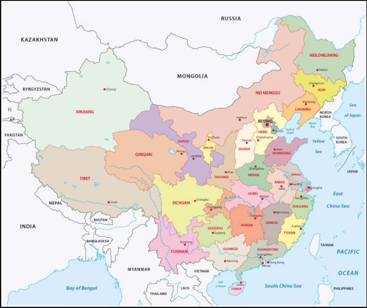 China administrative divisions map and time zones