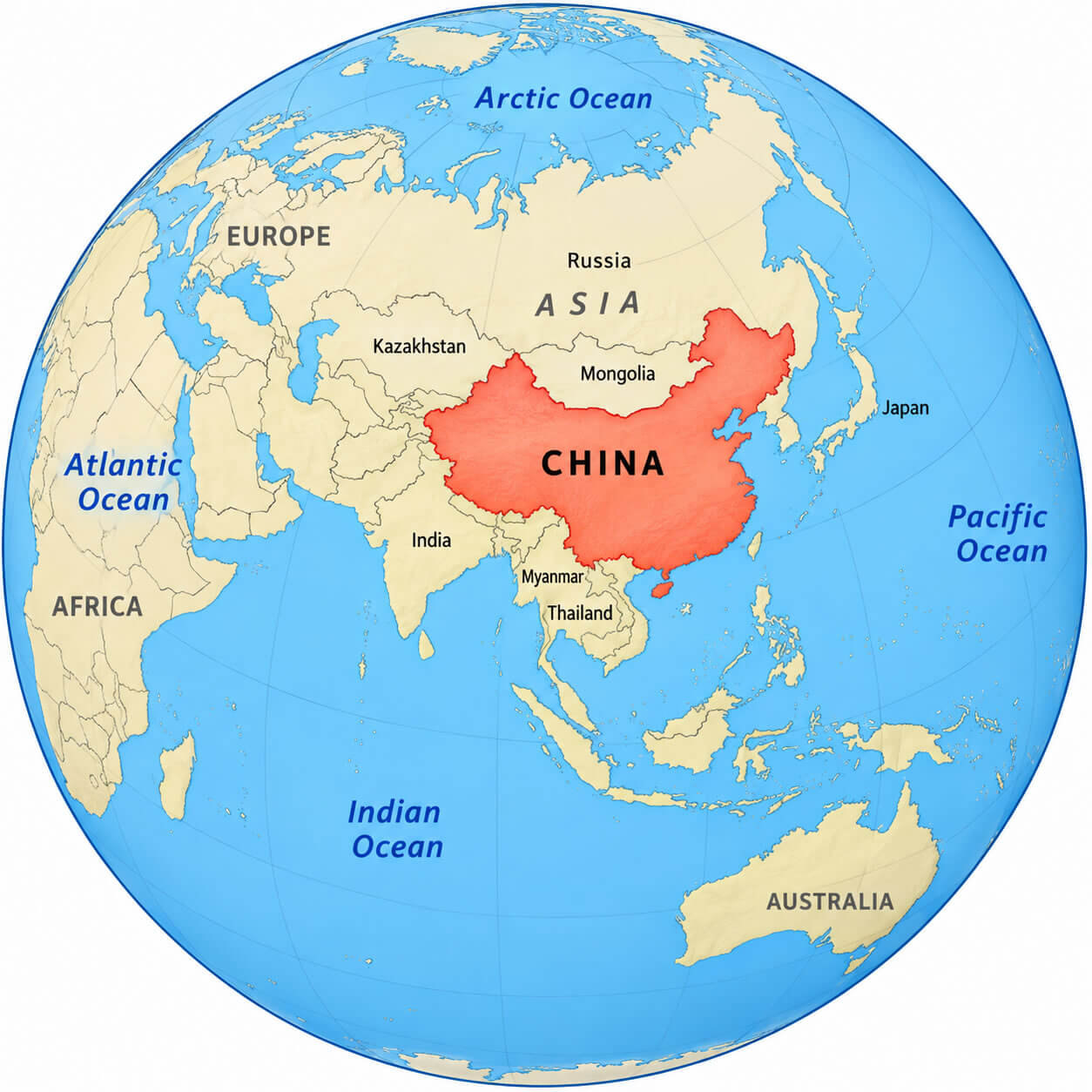 China location on- World globe map