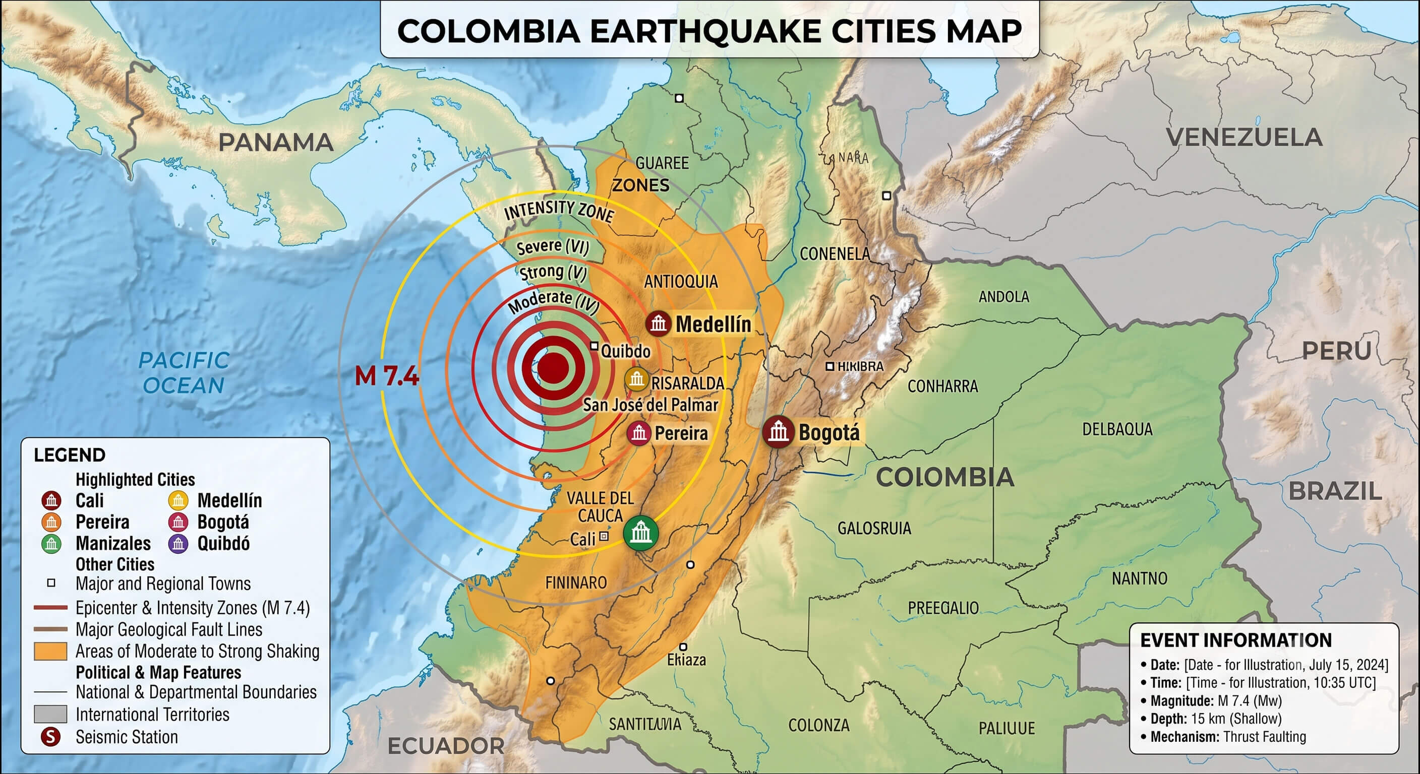 Colombia earthquake cities affected map