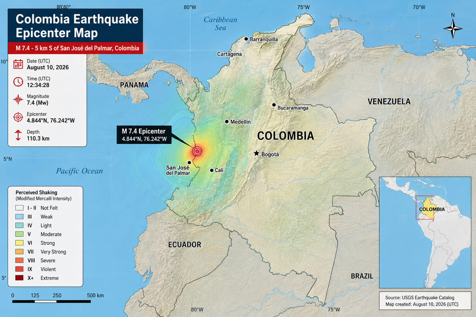 Colombia earthquake epicenter map august 10 2026
