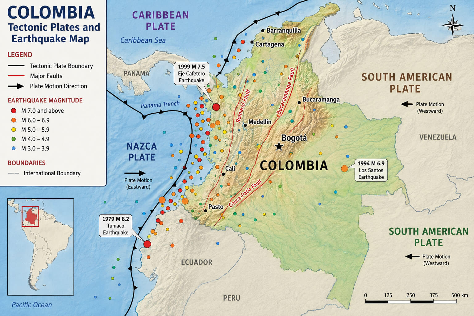 Colombia tectonic plates earthquake map