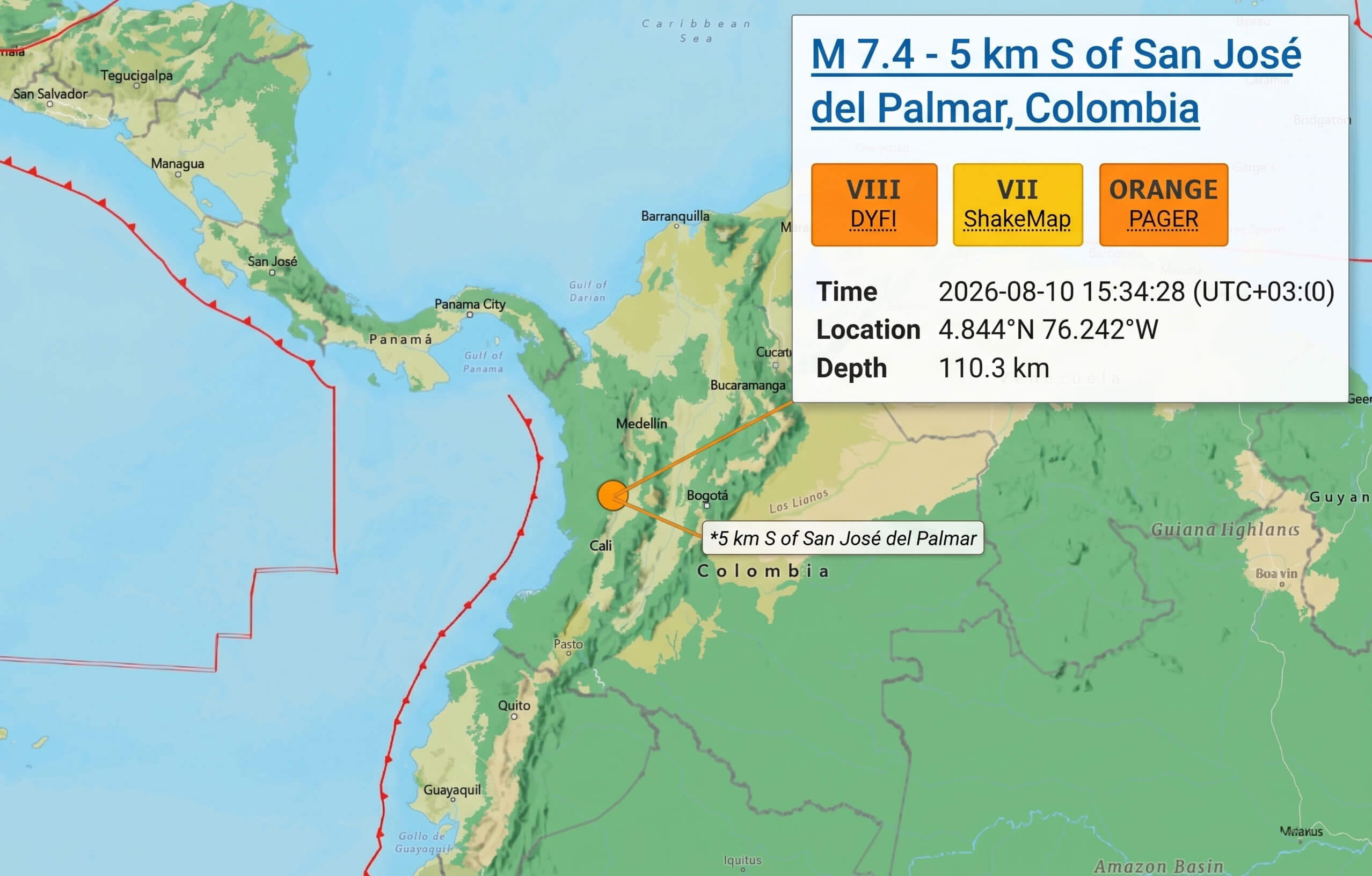 Terrain map of Colombia earthquake 7.4 magnitude