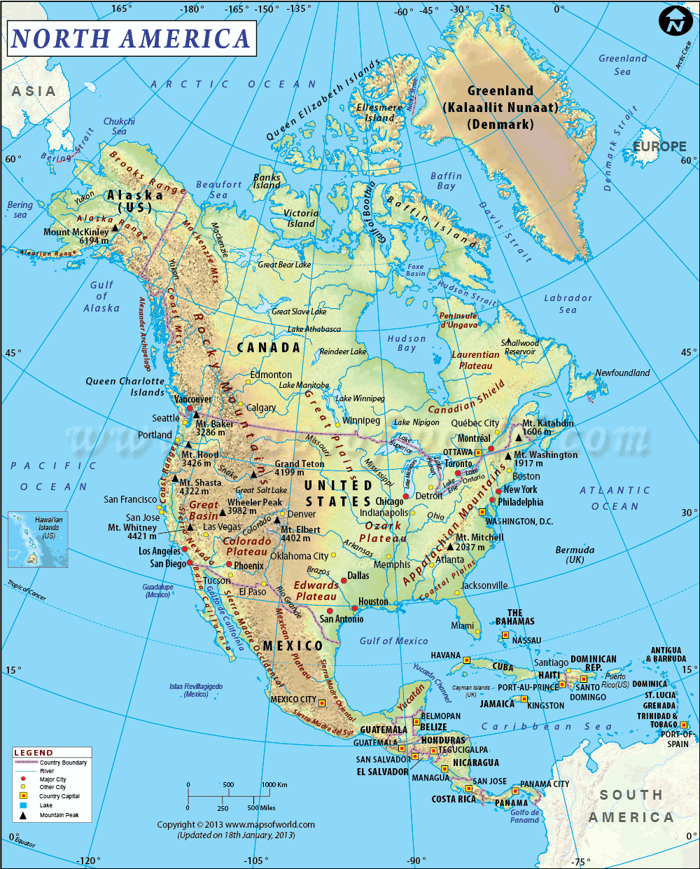 North America Physical Map with Countries