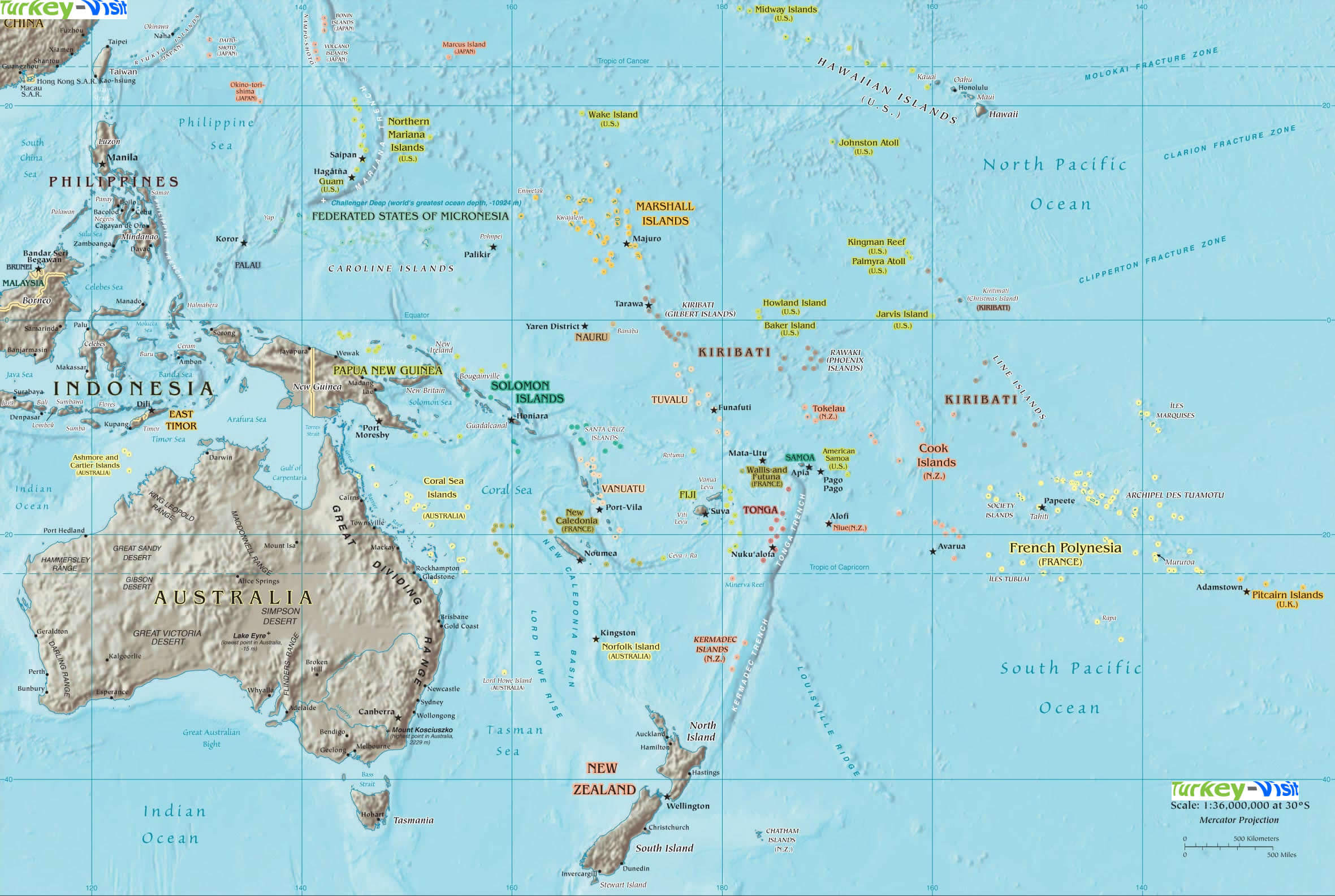 Physical Map of Oceania