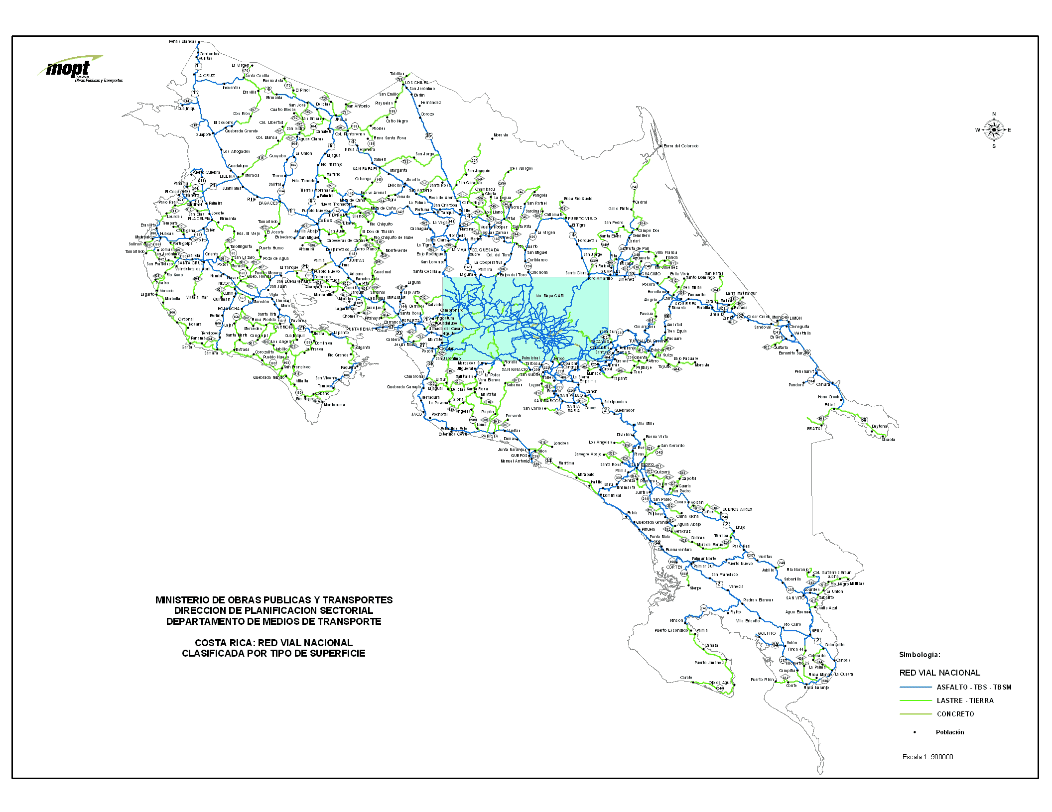 Costa Rica Roads Type Surface Map