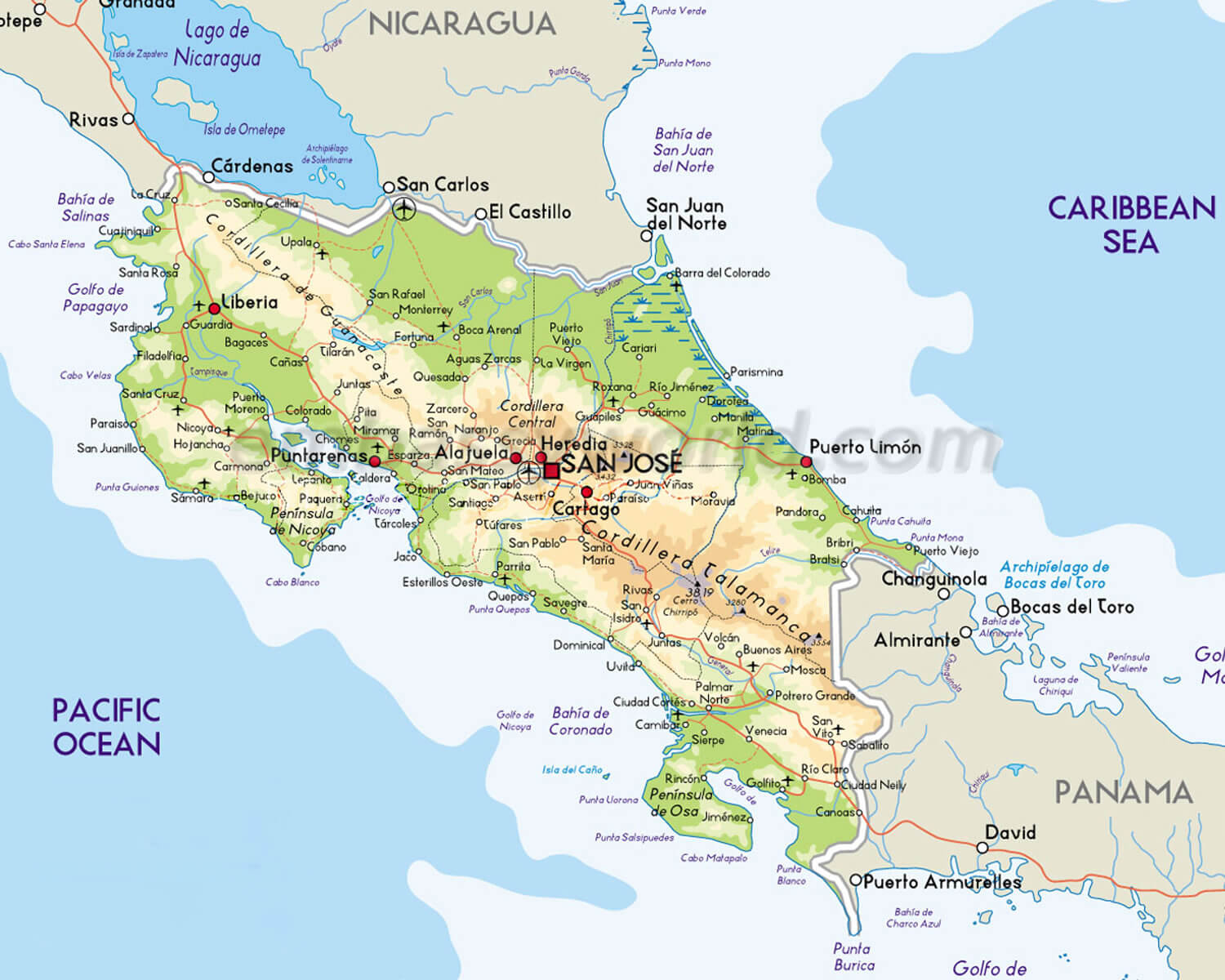 physical costa rica map