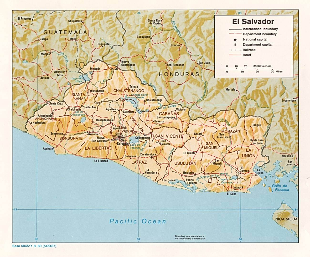 El Salvador Shaded Relief Map 1980