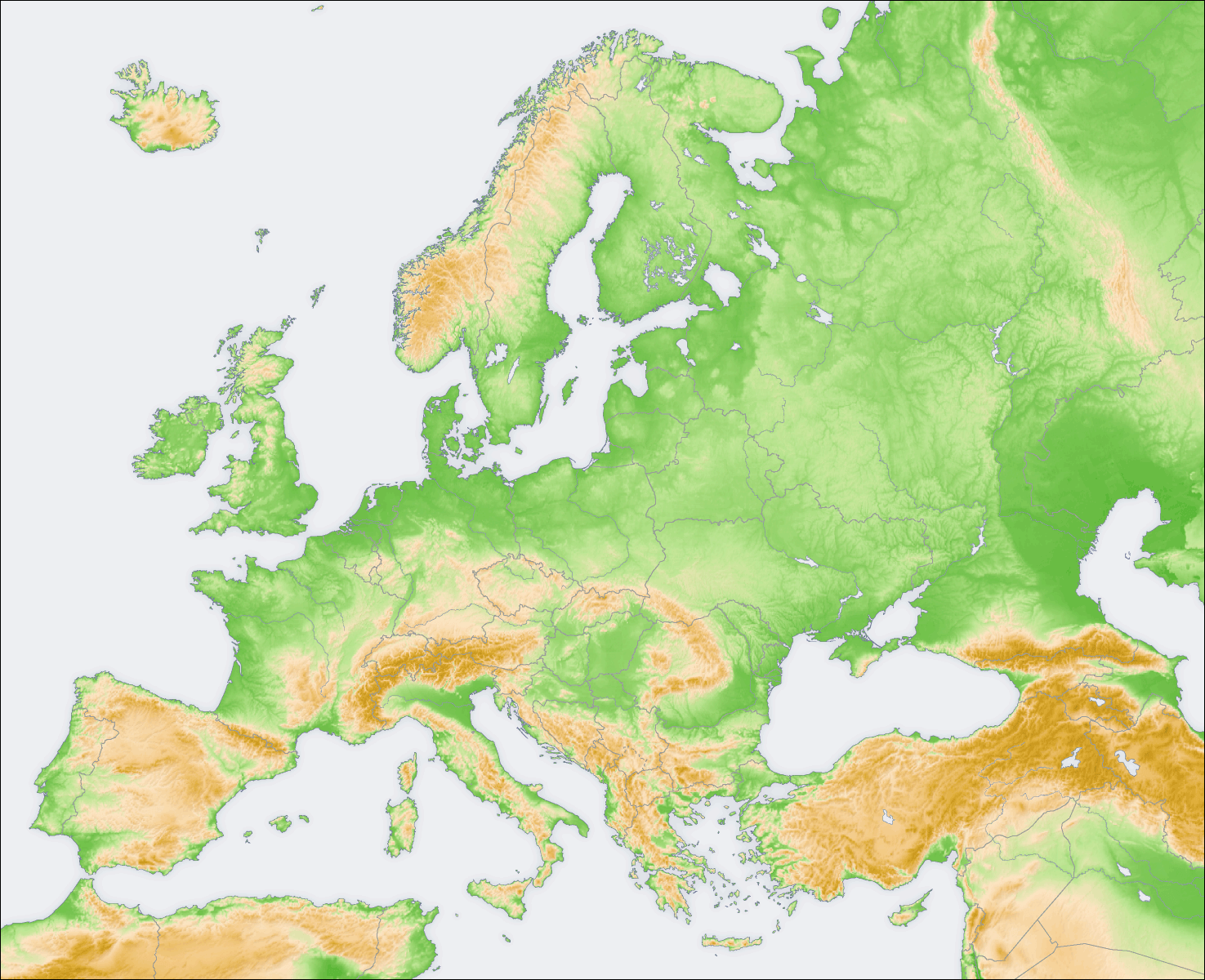 Europe physical topography map