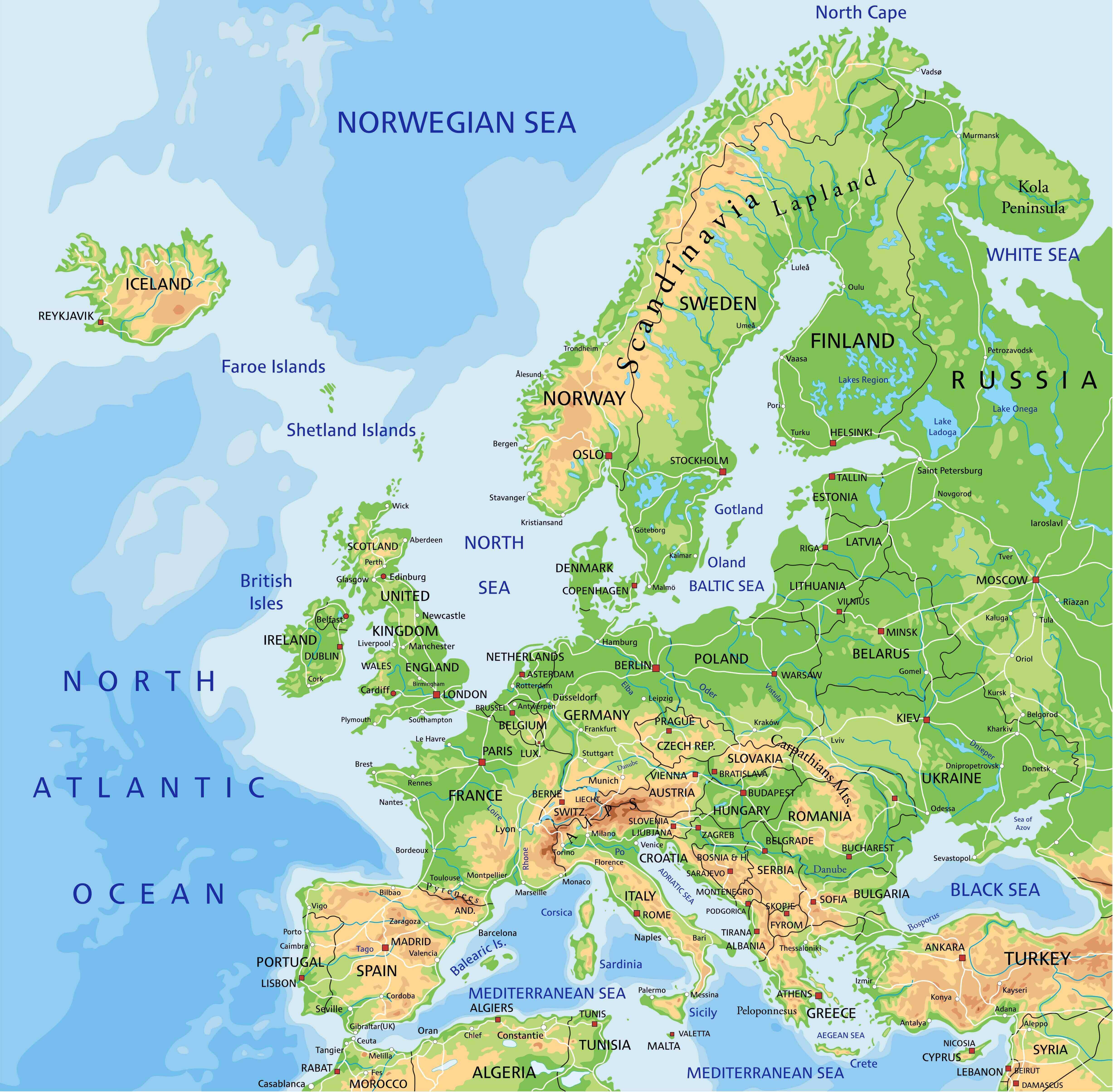 Europe physical map with major cities