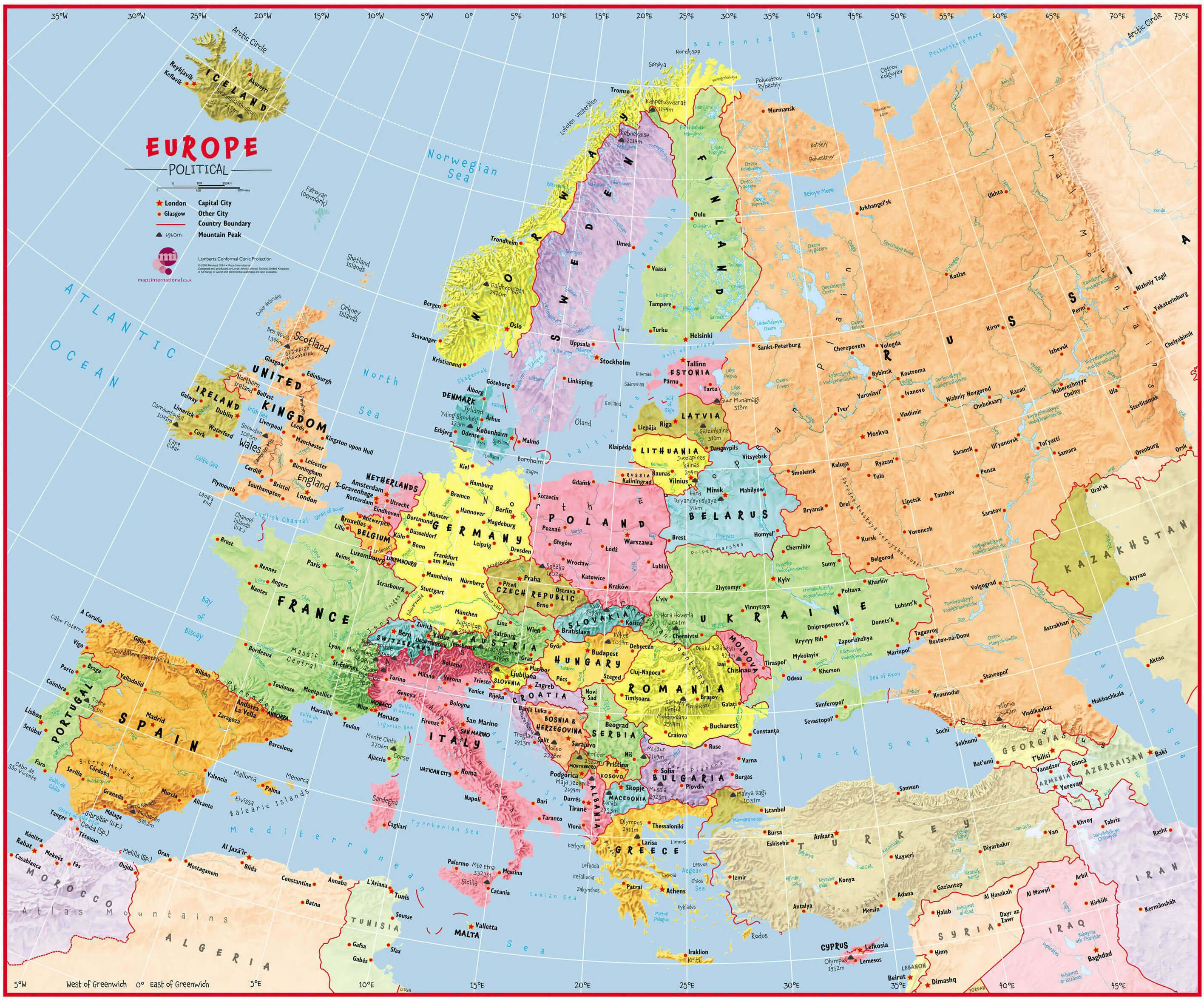 Europe political cities wall map