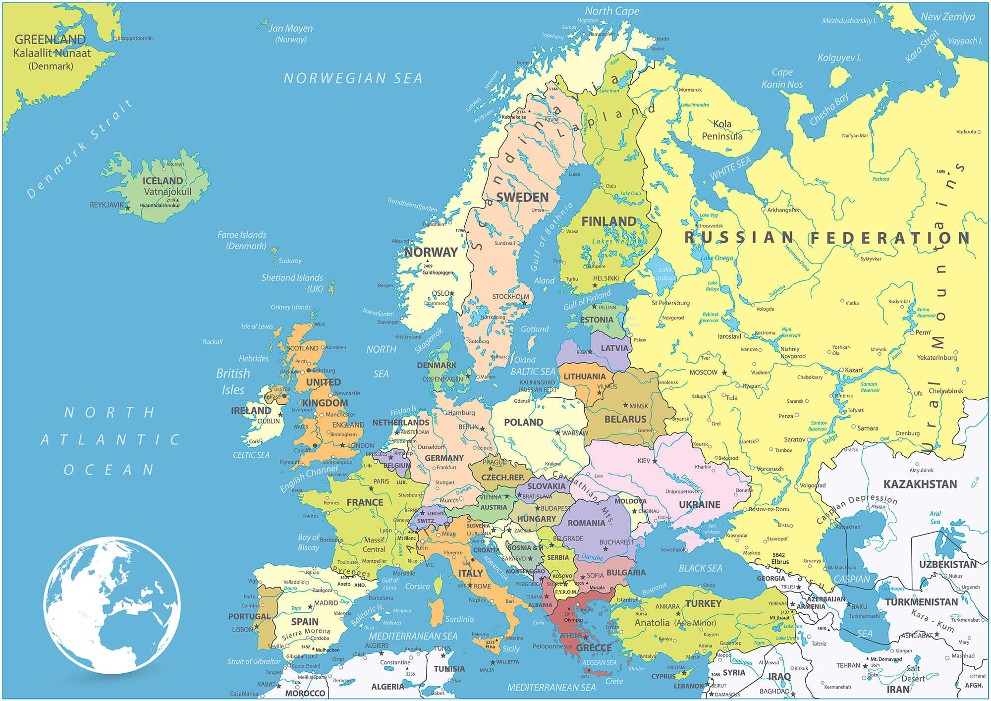 Europe political map with cities