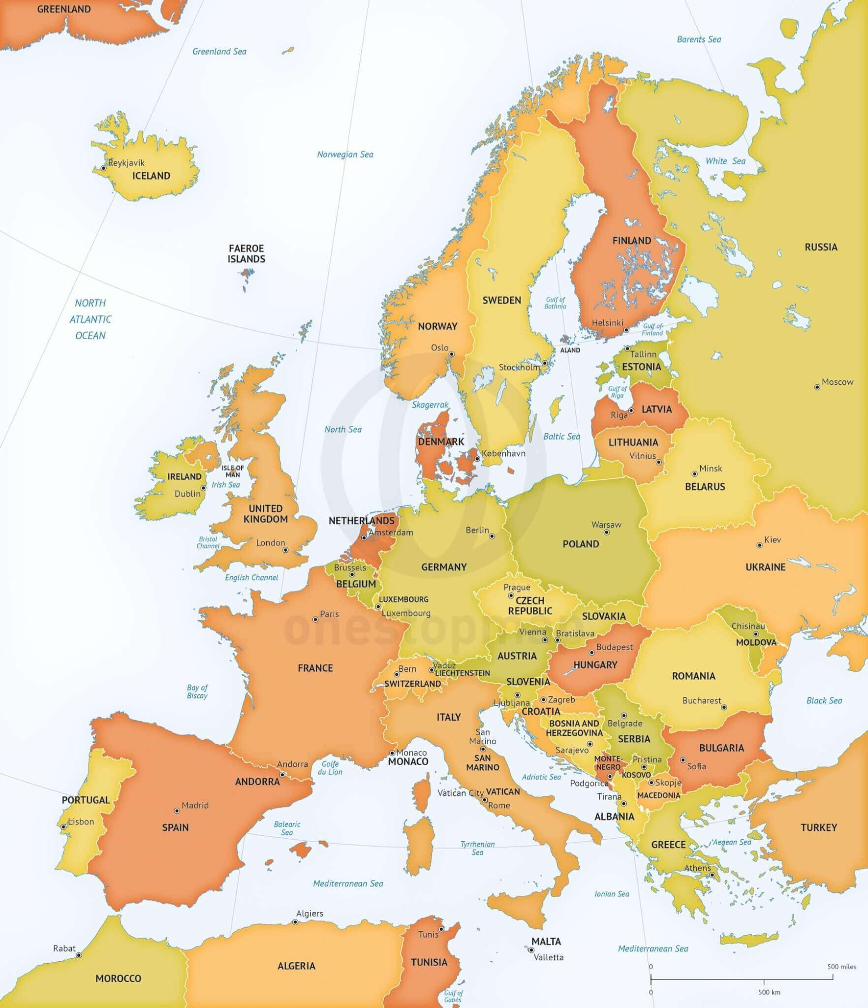 European countries political map with cities