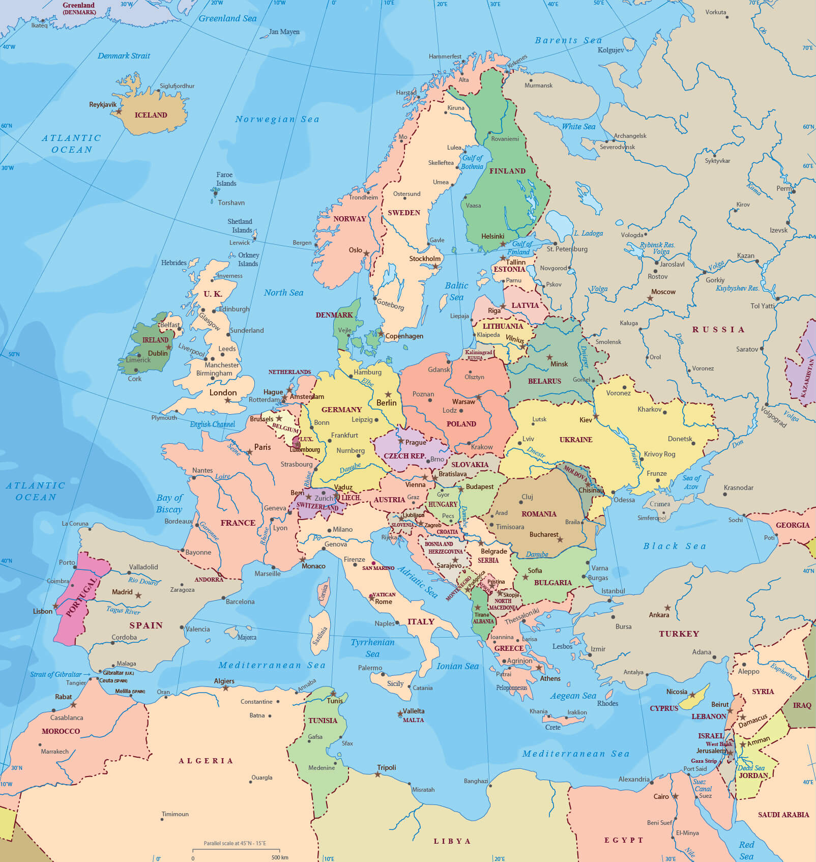 Political map of Europe with cities