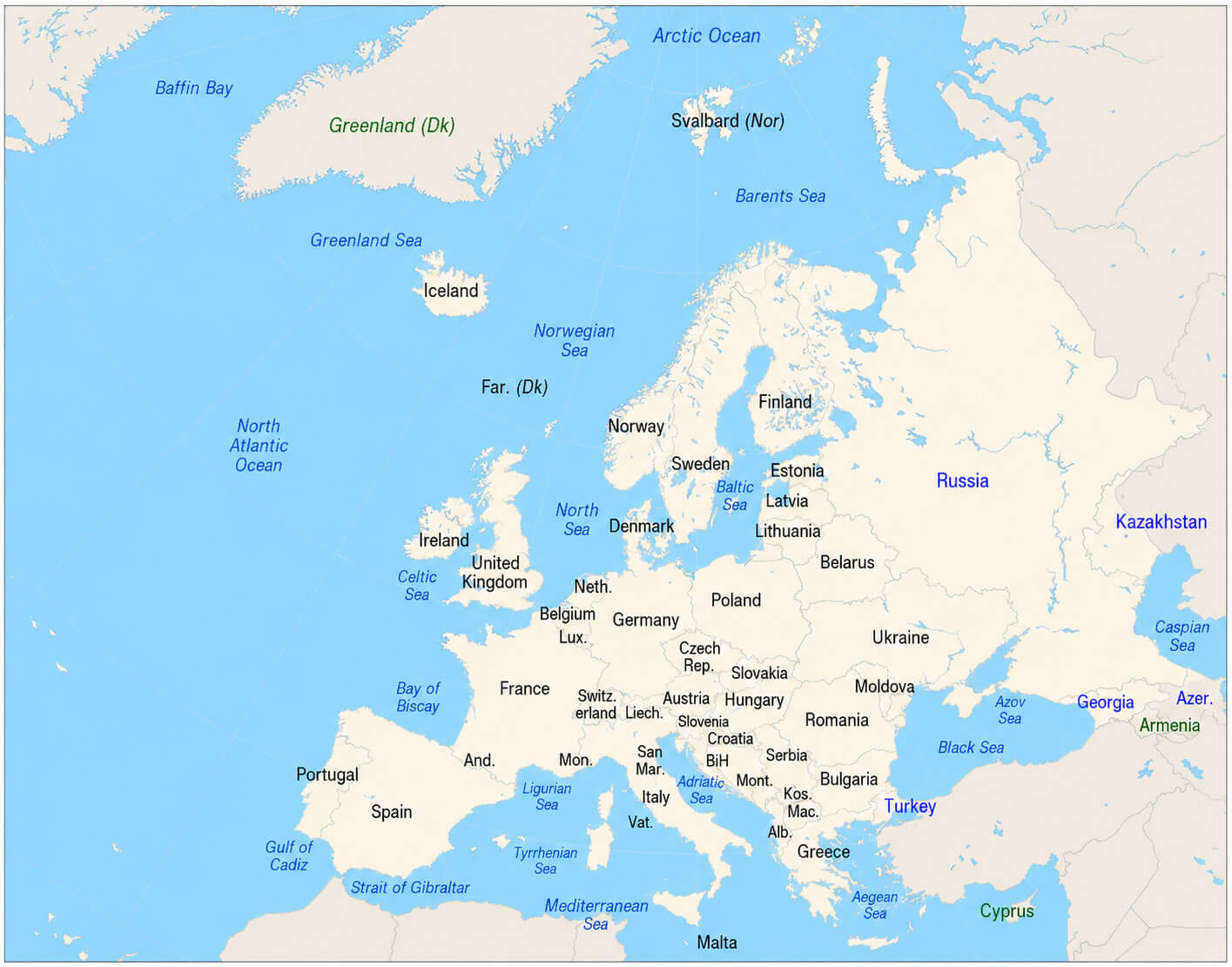 Europe country boundaries map