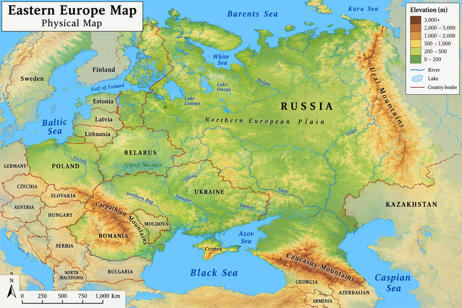 Eastern Europe physical map