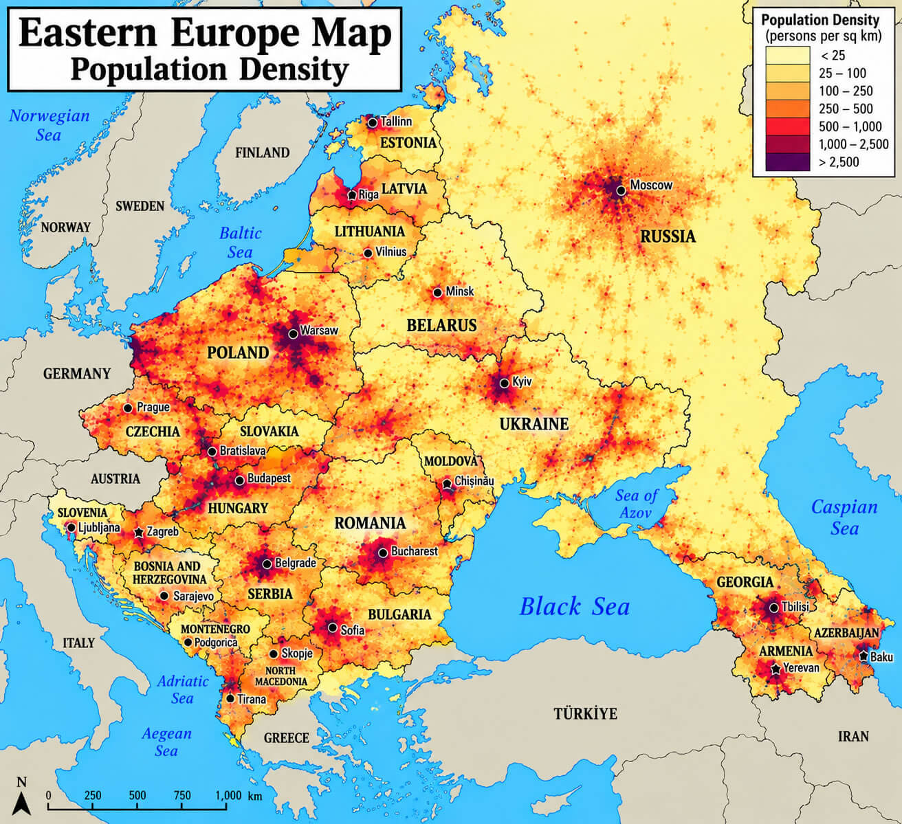 Eastern Europe population density map