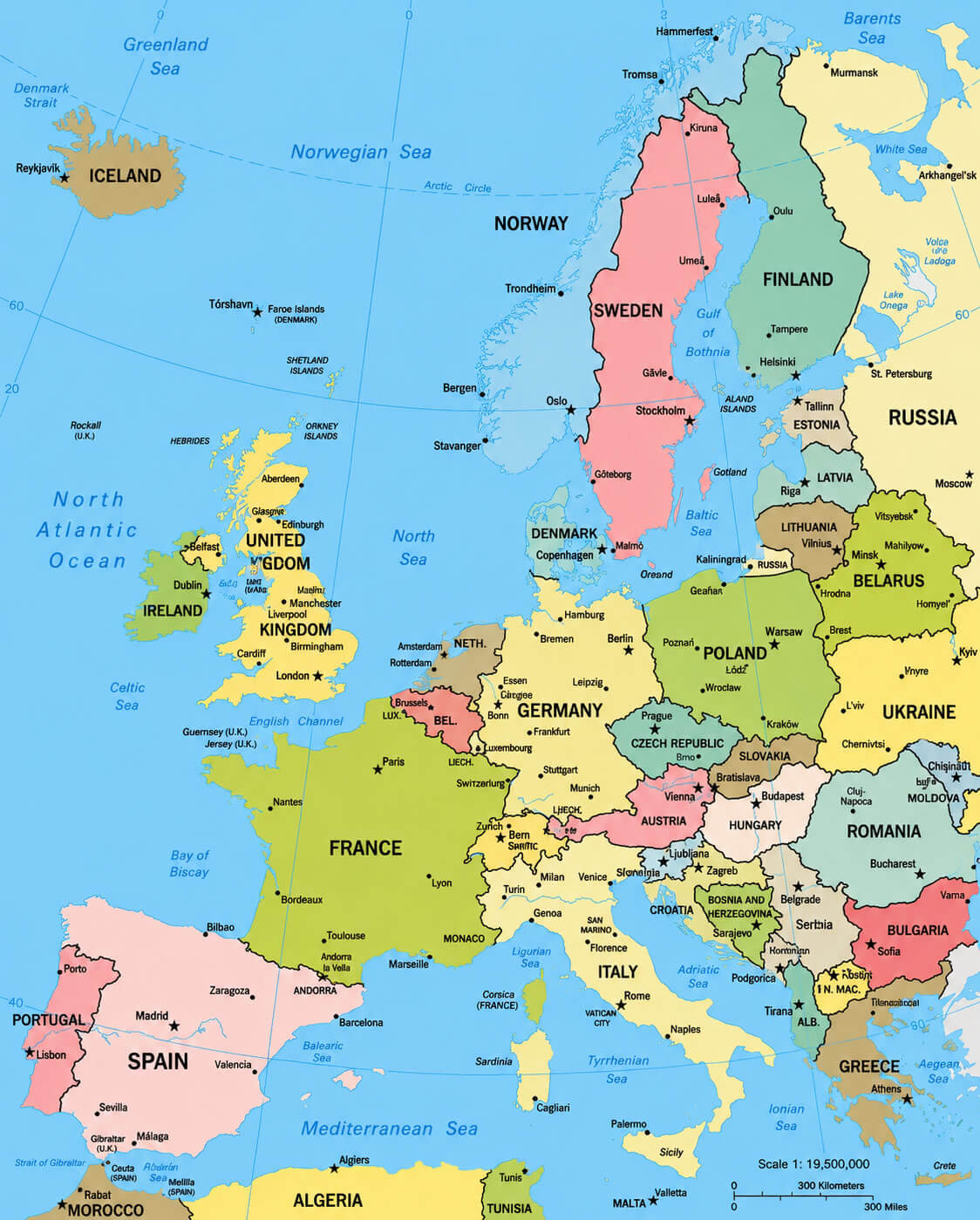 Detailed political map of Europe