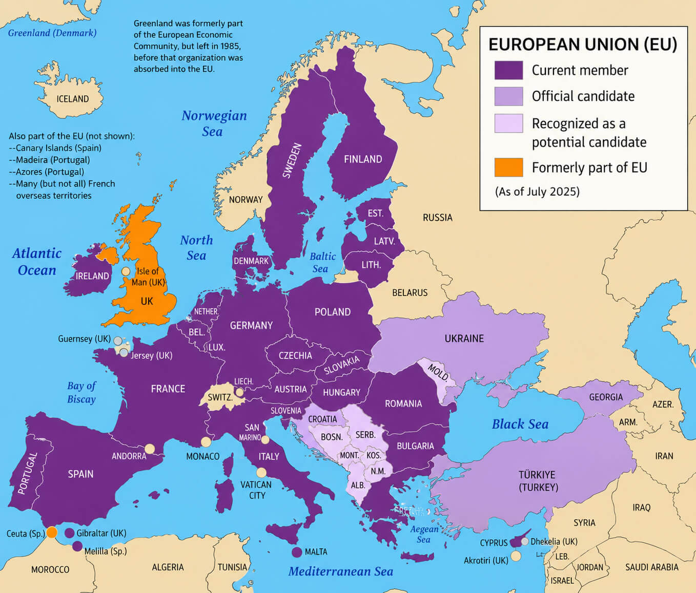 2025 map of EU member state countries and candidates