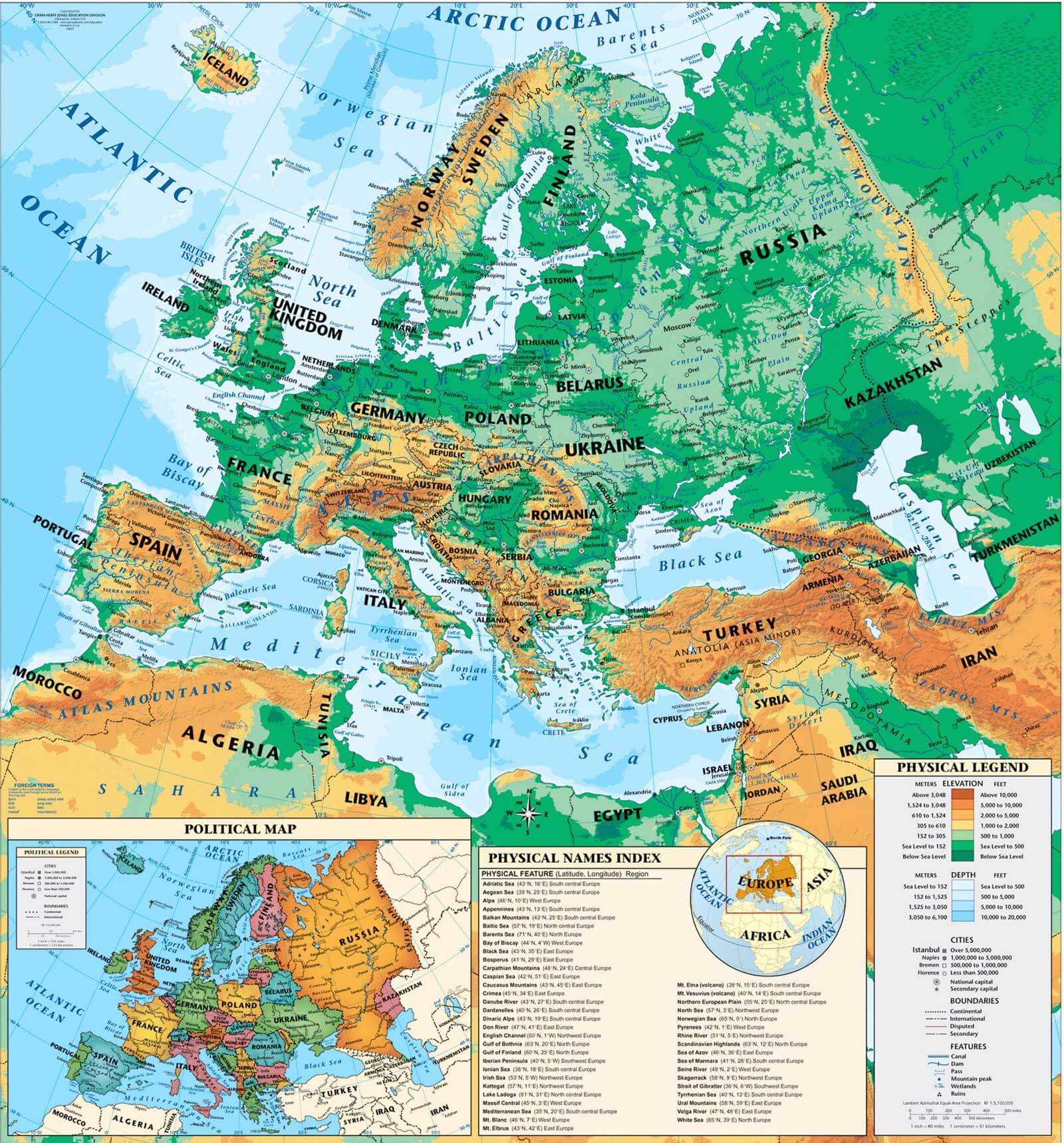 Europe Physical Map Countries