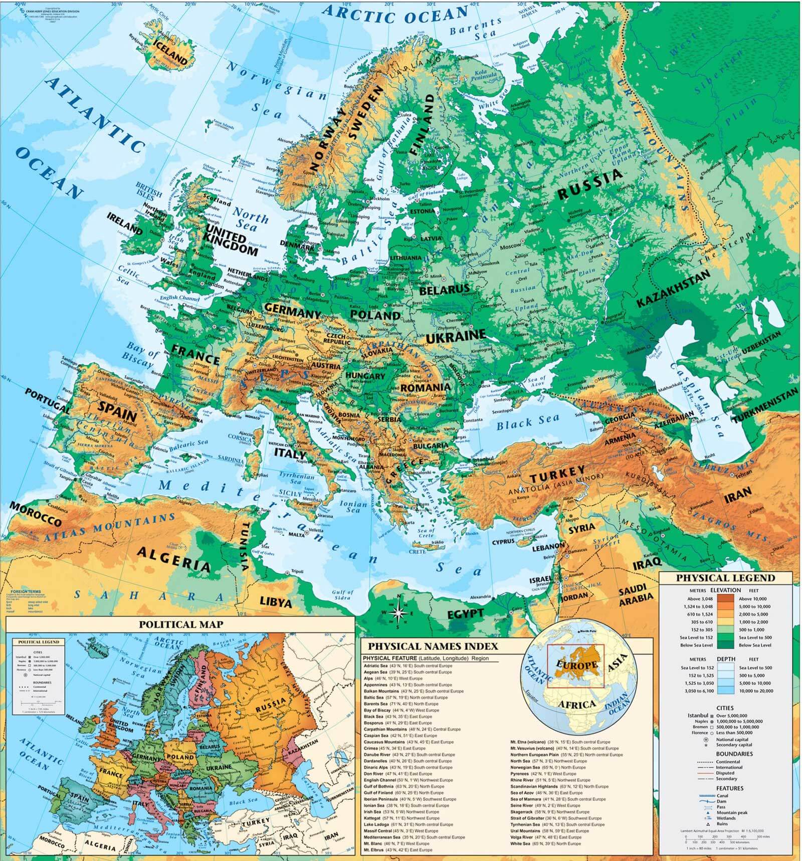 physical map of europe islands