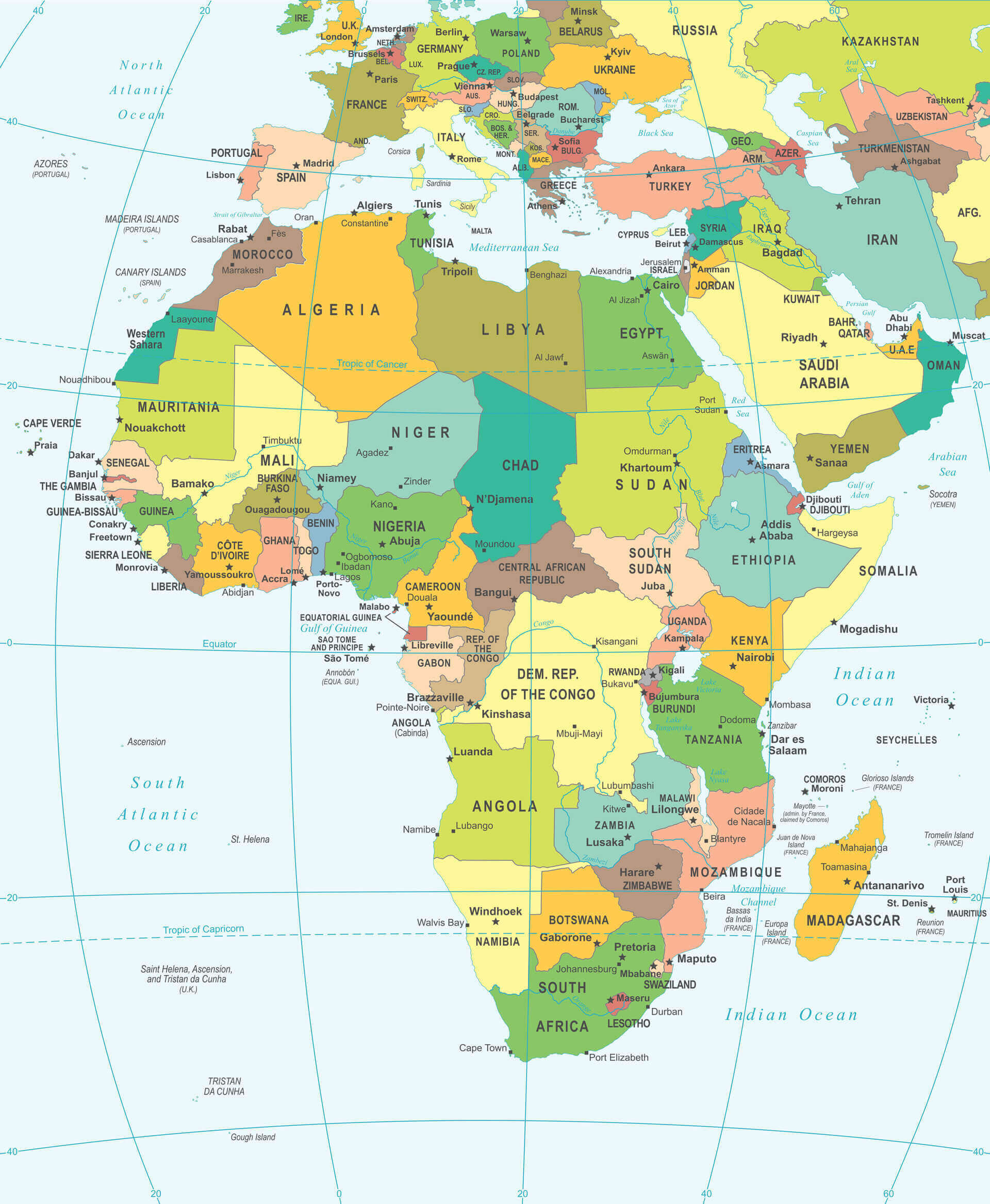 Europe africa time zones map with France
