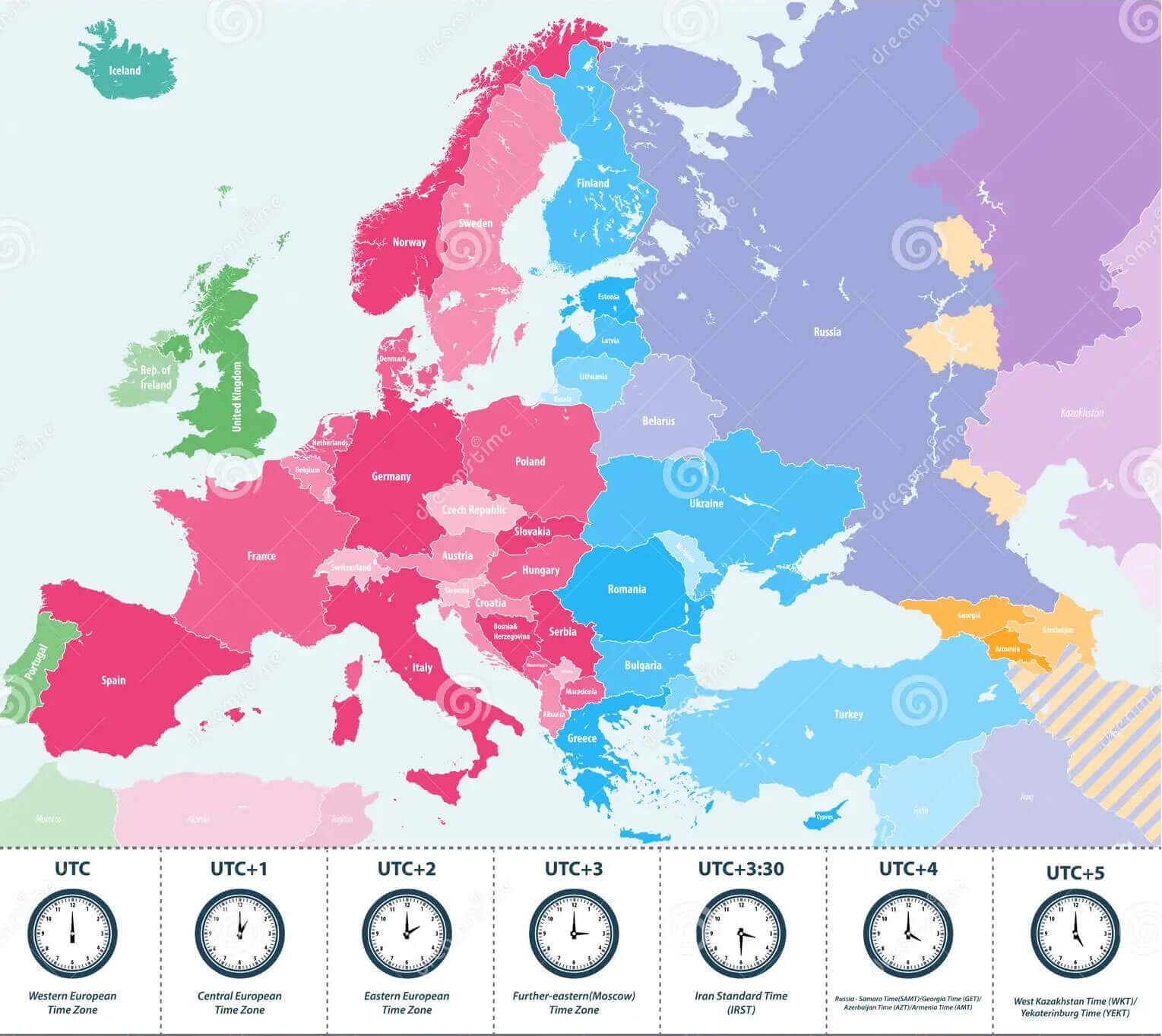 Detailed time zone map Europe by countries
