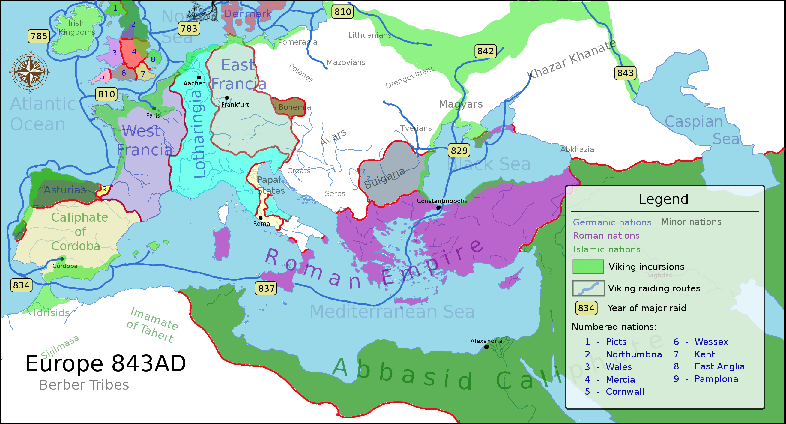 Europe historical map in 843 with viking incursions