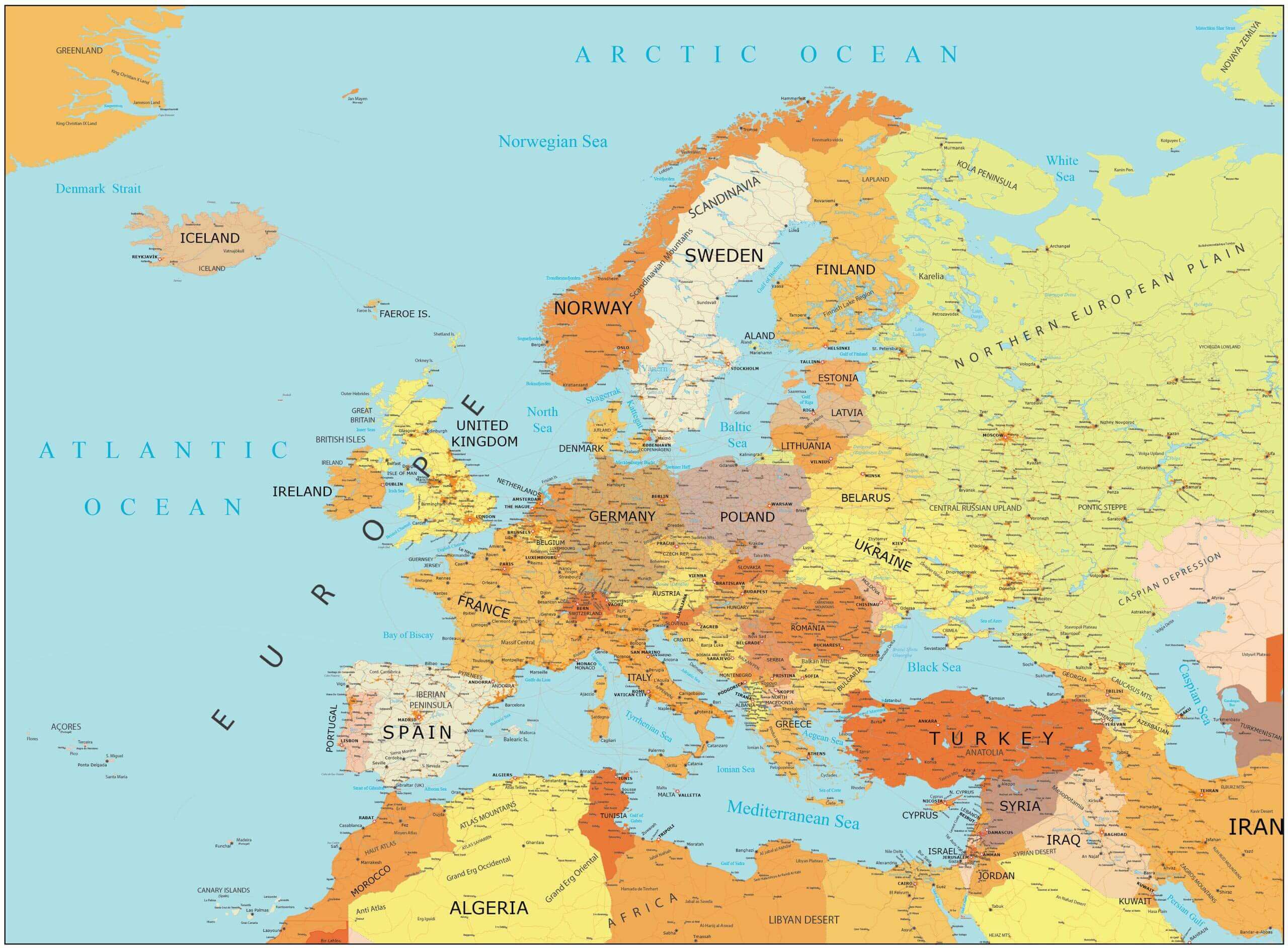High-resolution Europe cities map