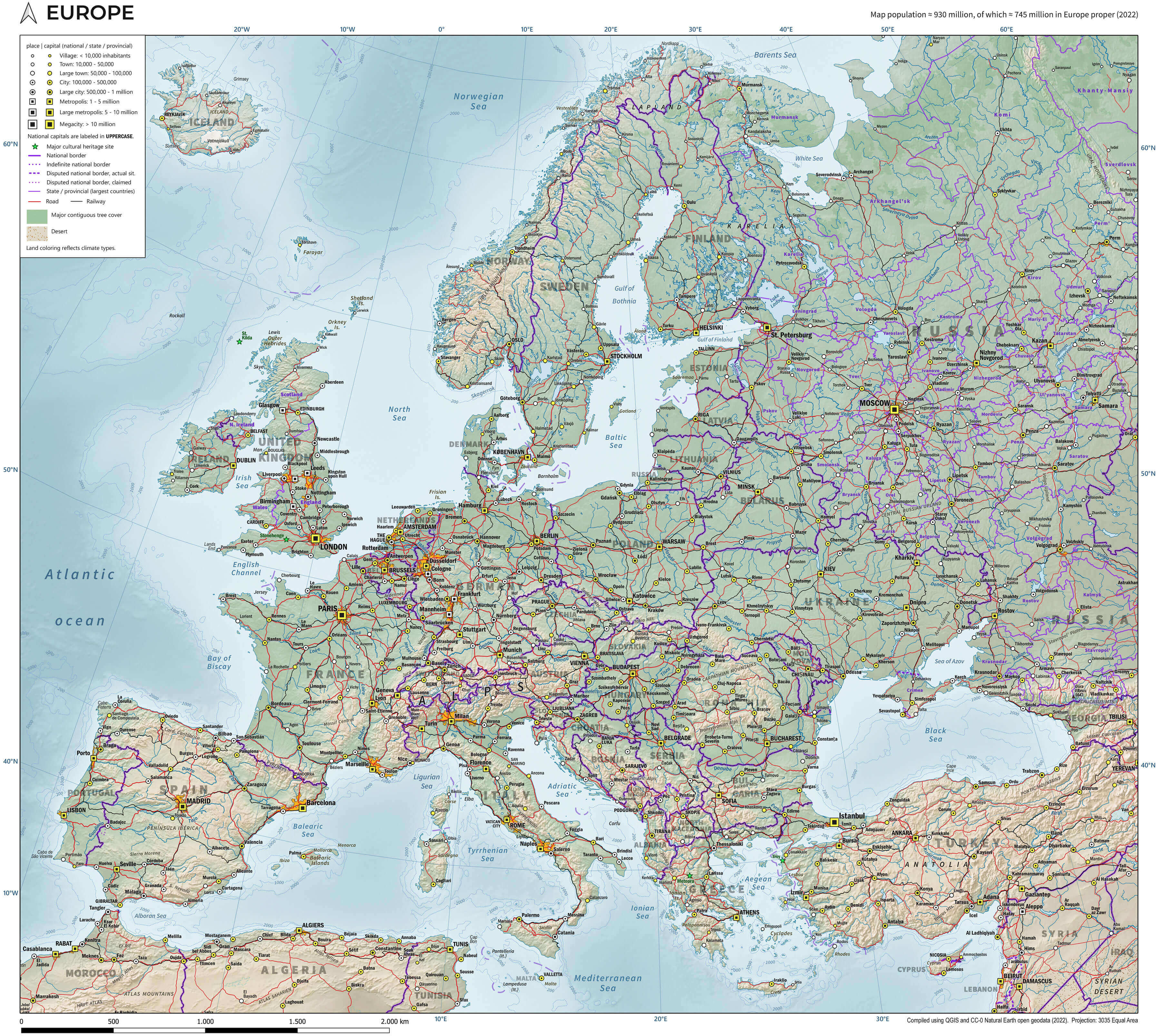 High-resolution Europe topographic map with cities