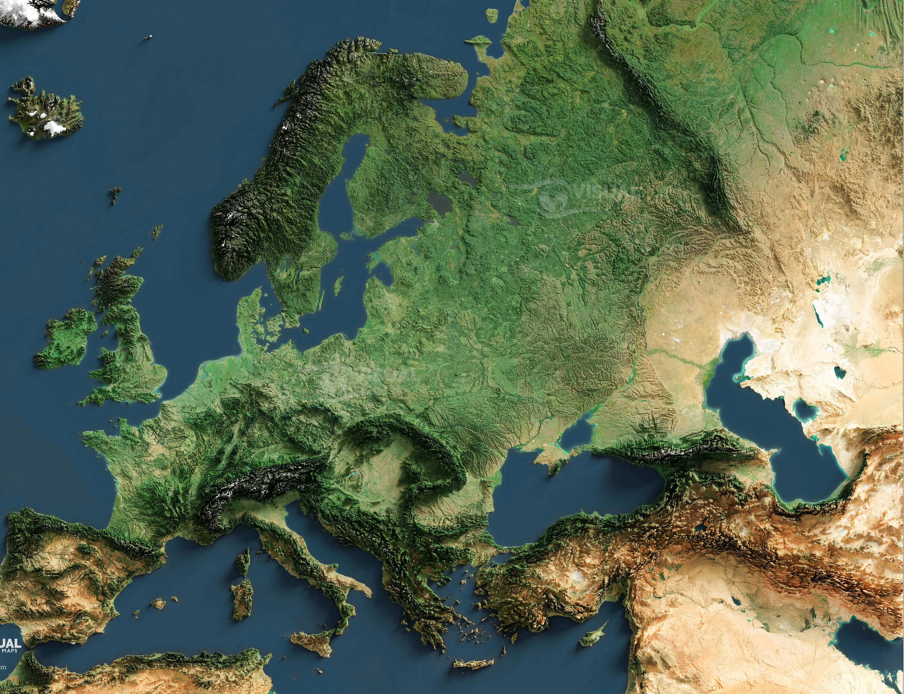 High-resolution shaded relief map of Europe