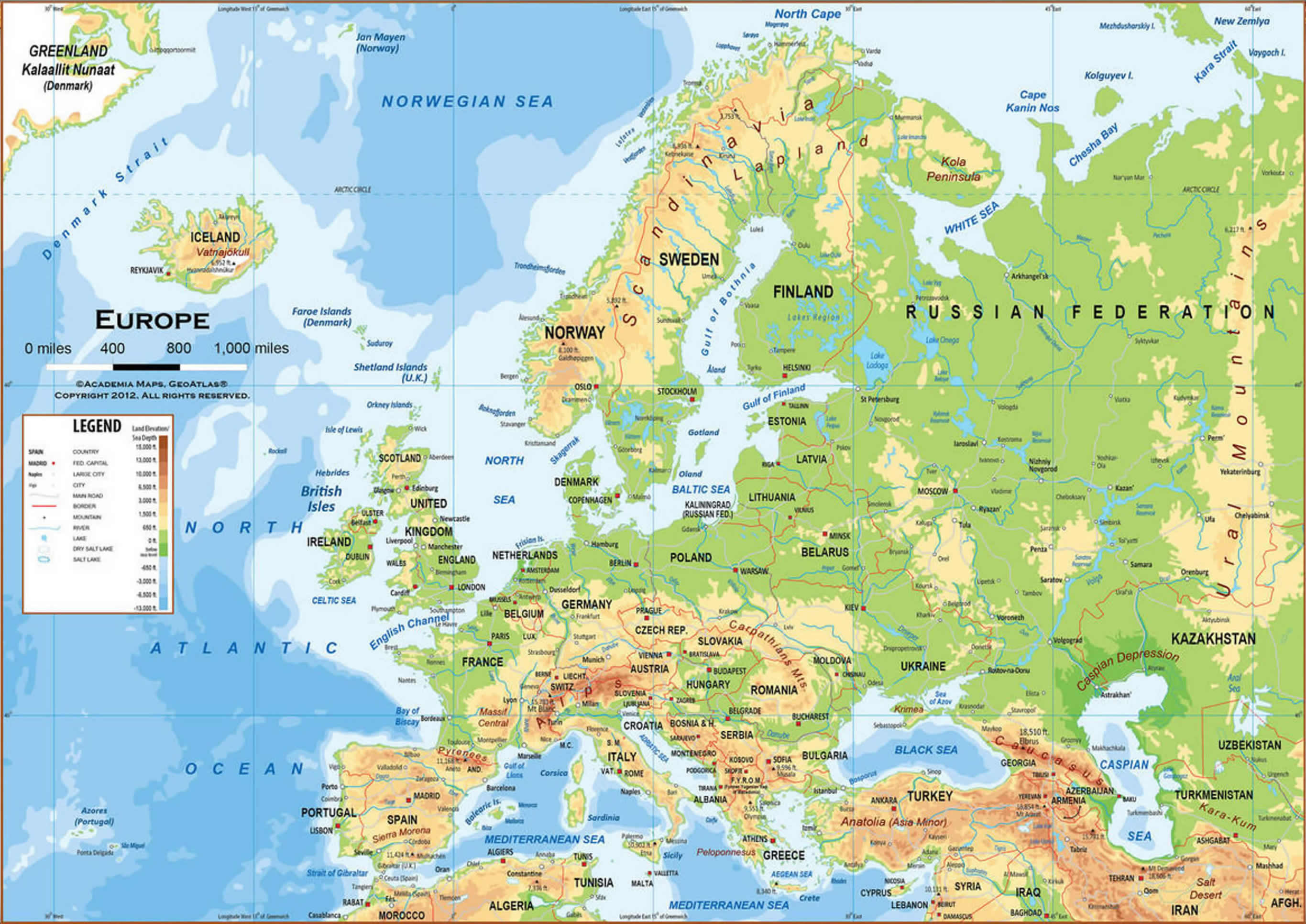 High-resolution topographic map of Europe