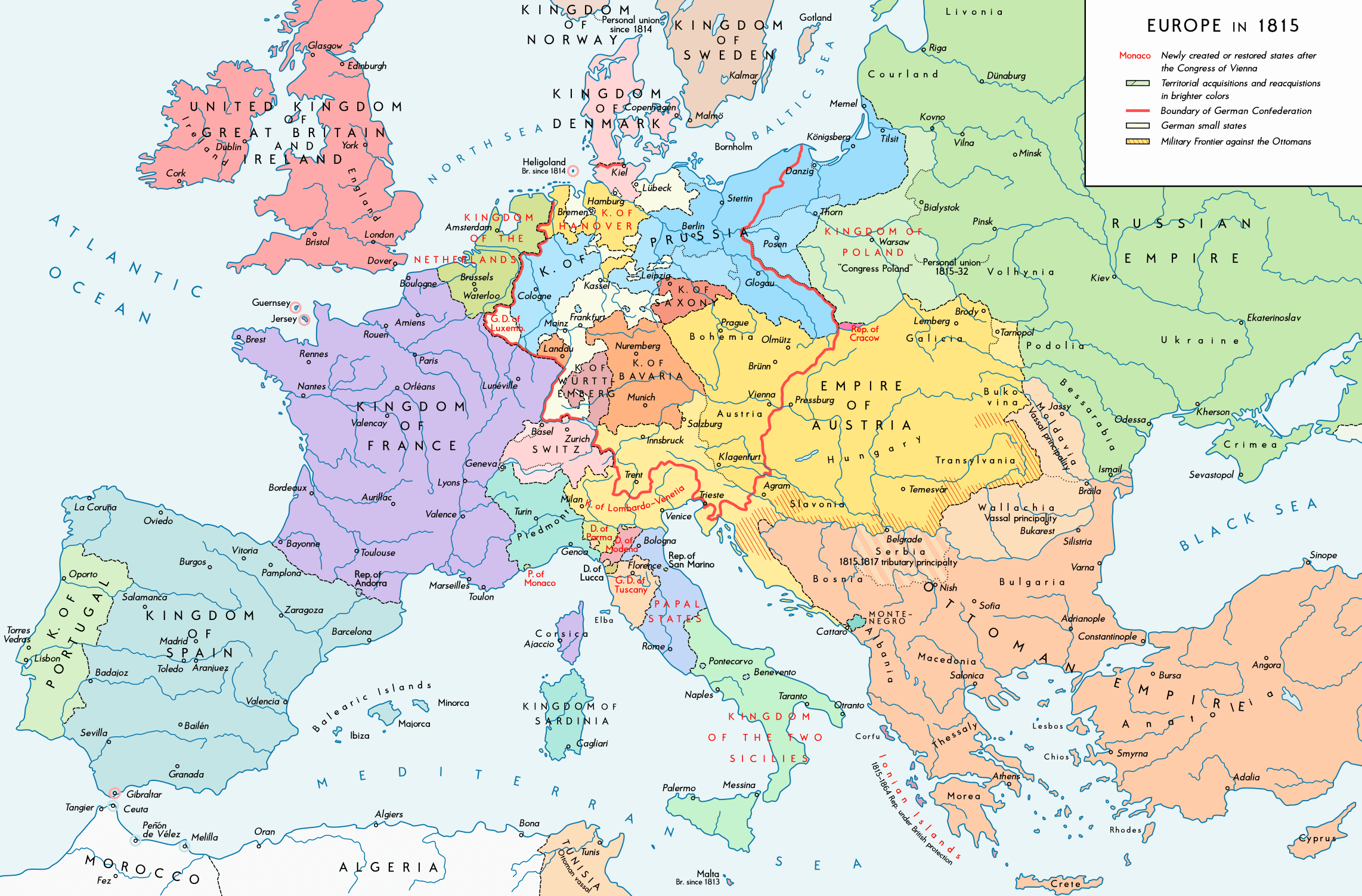 Large Europe major cities map in 1815