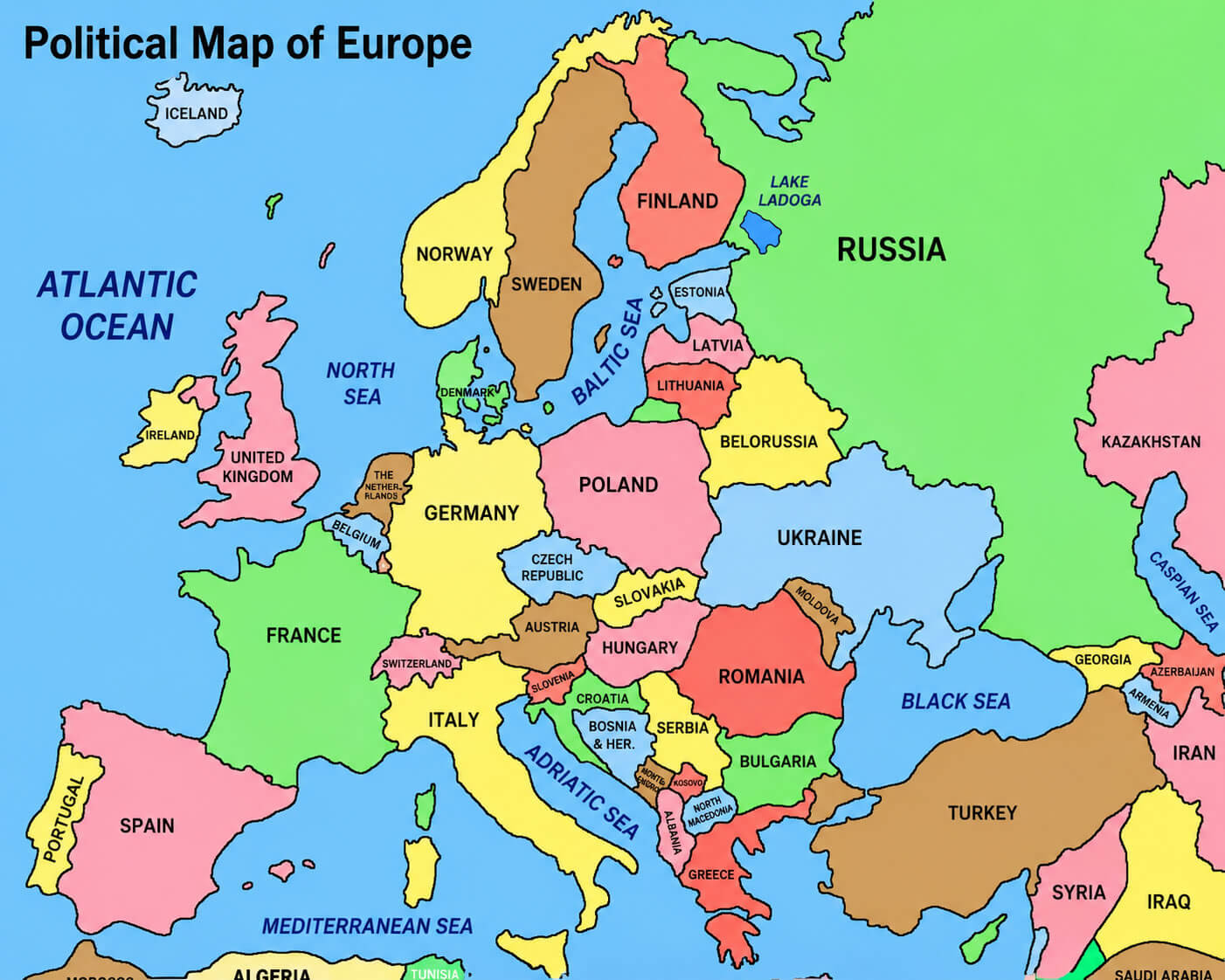 Political boundaries map of Europe