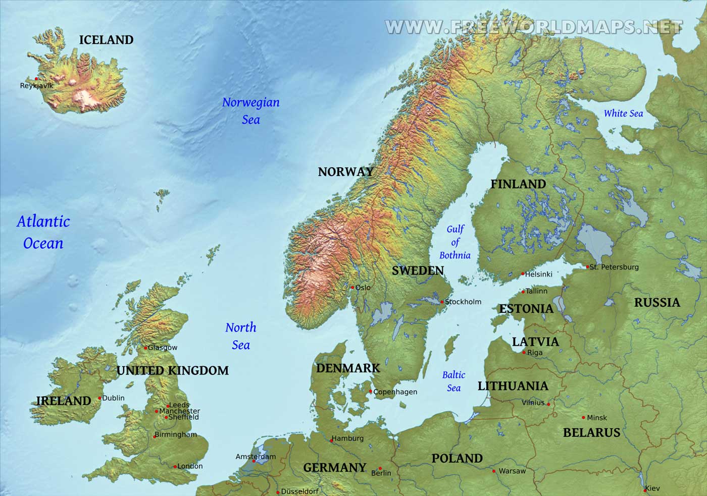 Northern Europe physical map