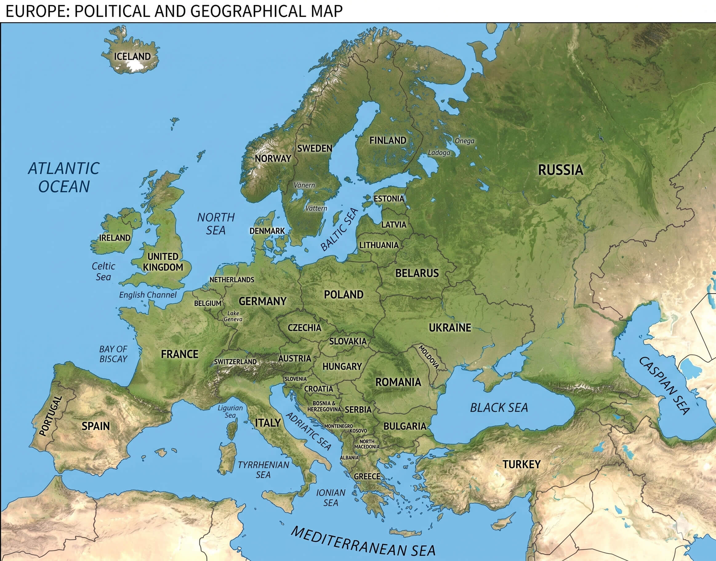 Europe physical satellite map