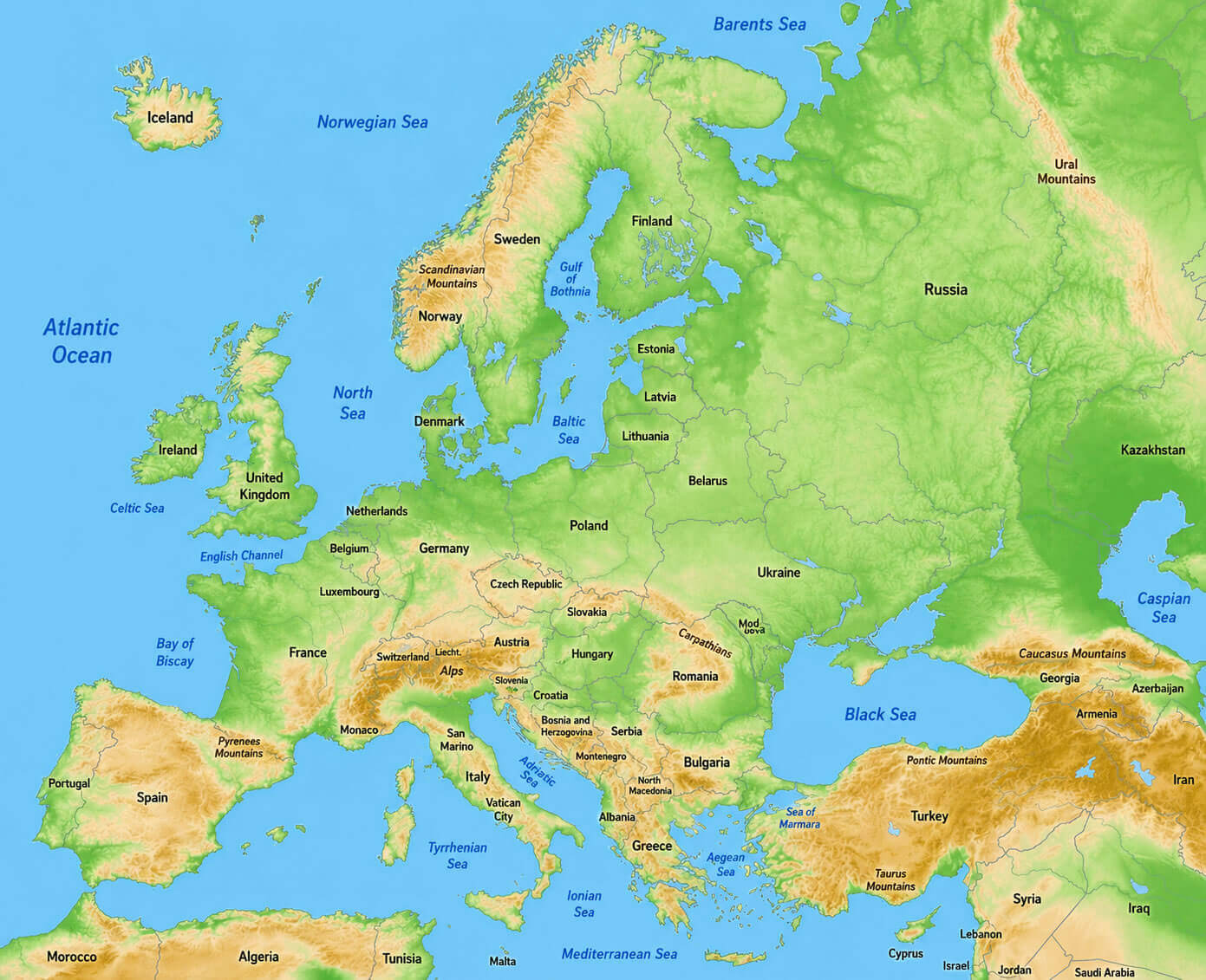 Europe topographic relief map