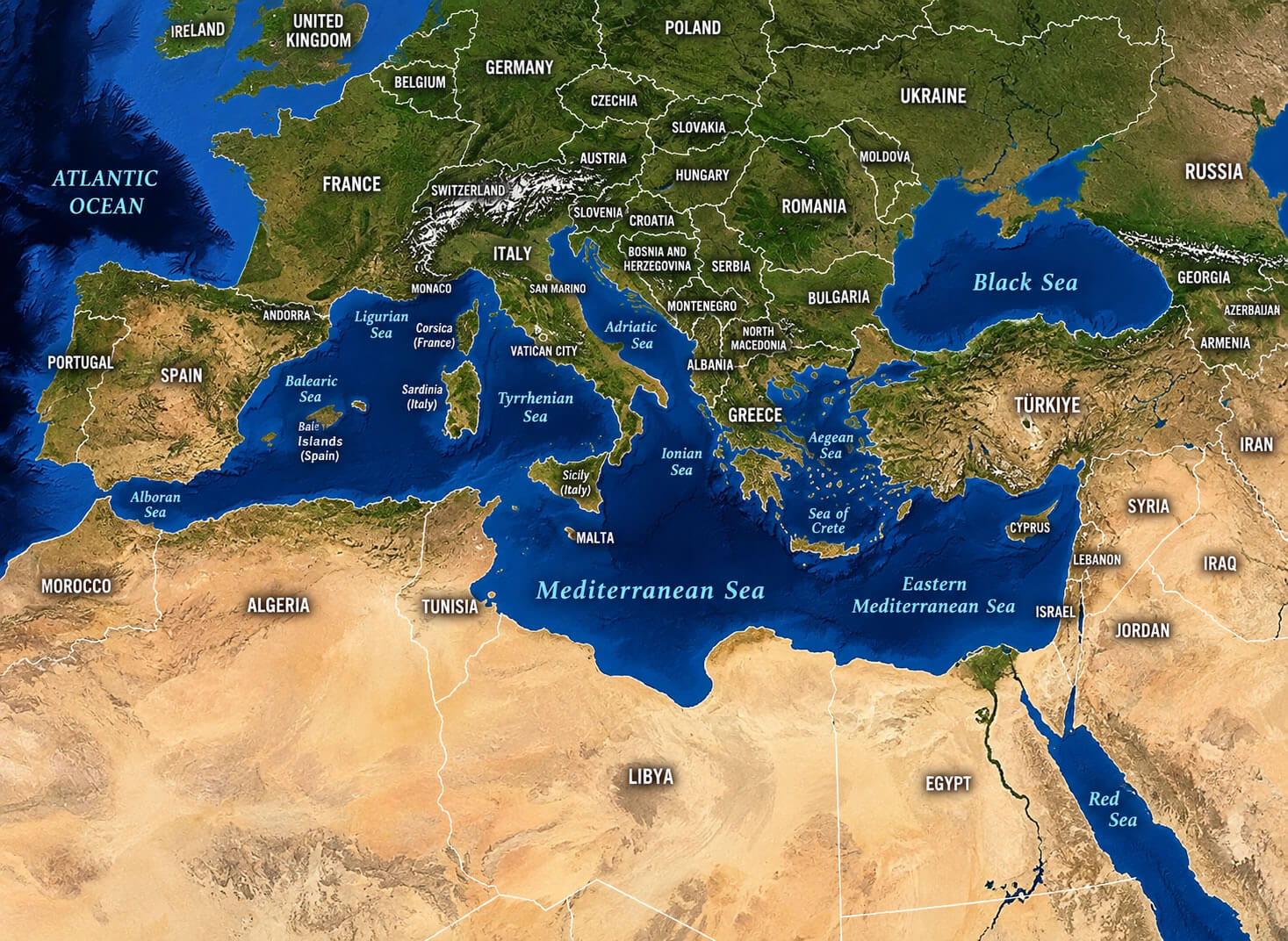 Southern Europe satellite map