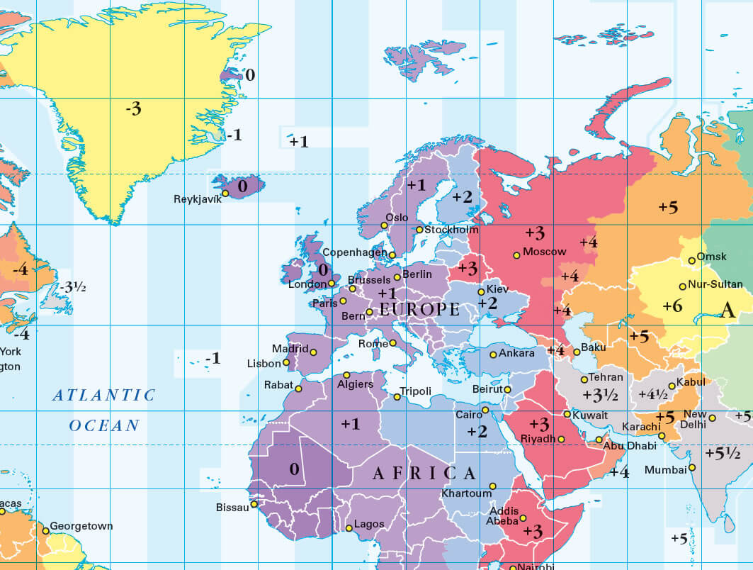 Europe and Africa time zones map