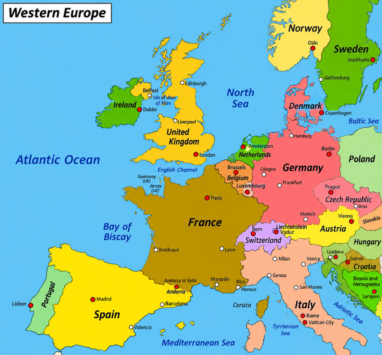 Western Europe map with countries