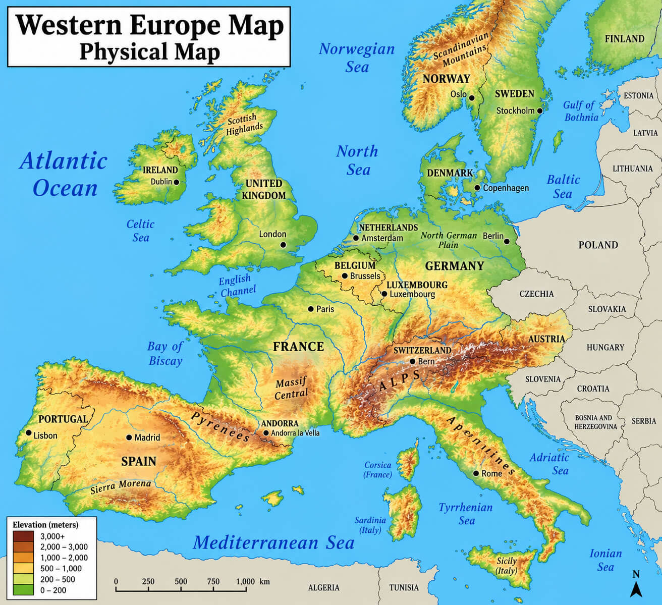 Western Europe physical map