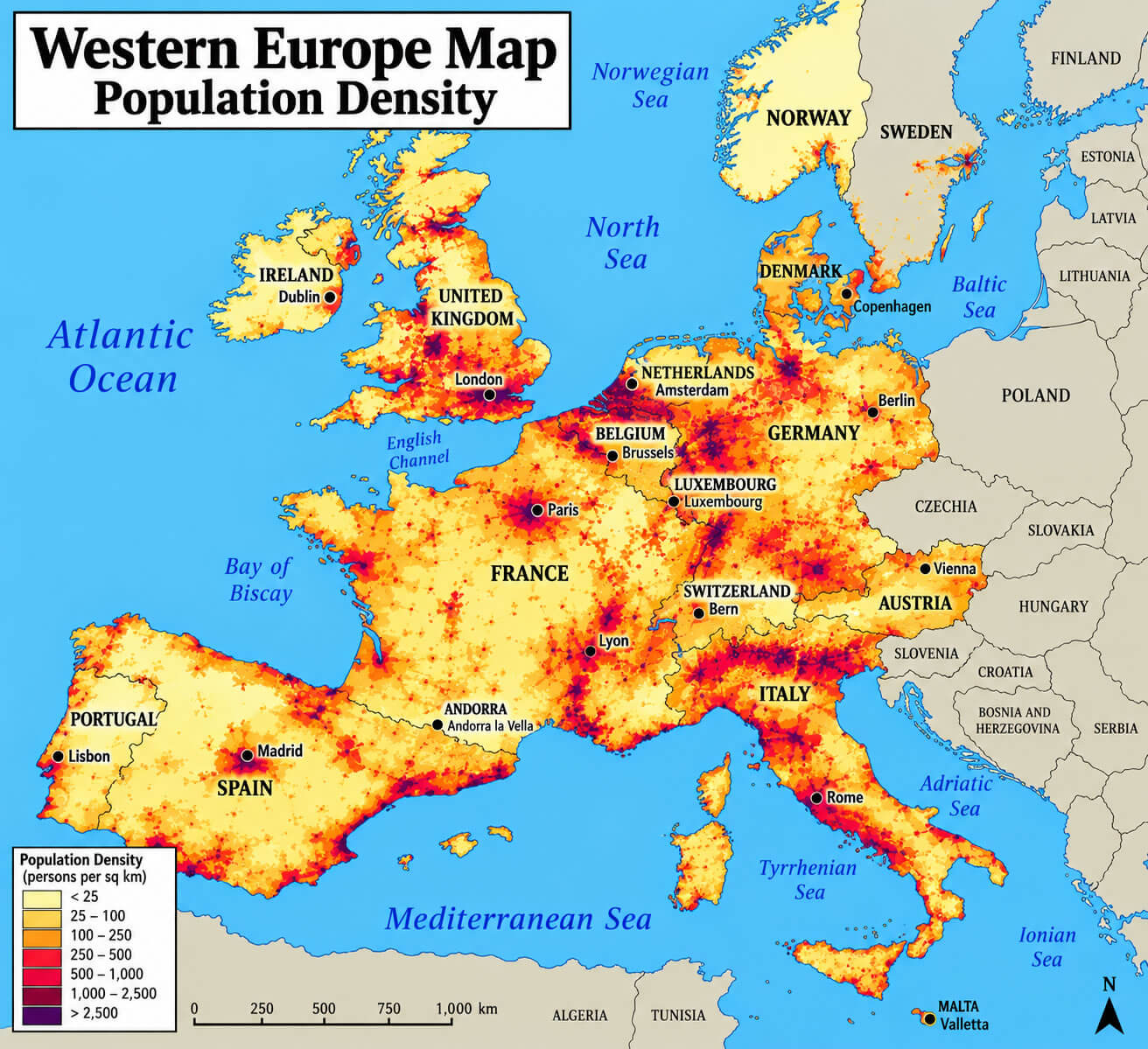 Western Europe population density map