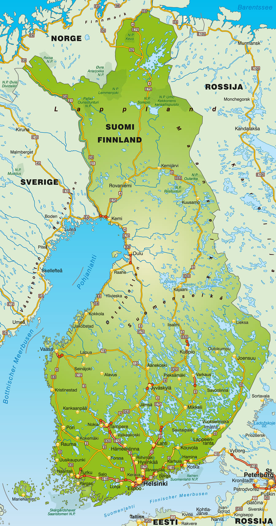 Map of Finland with autoroutes