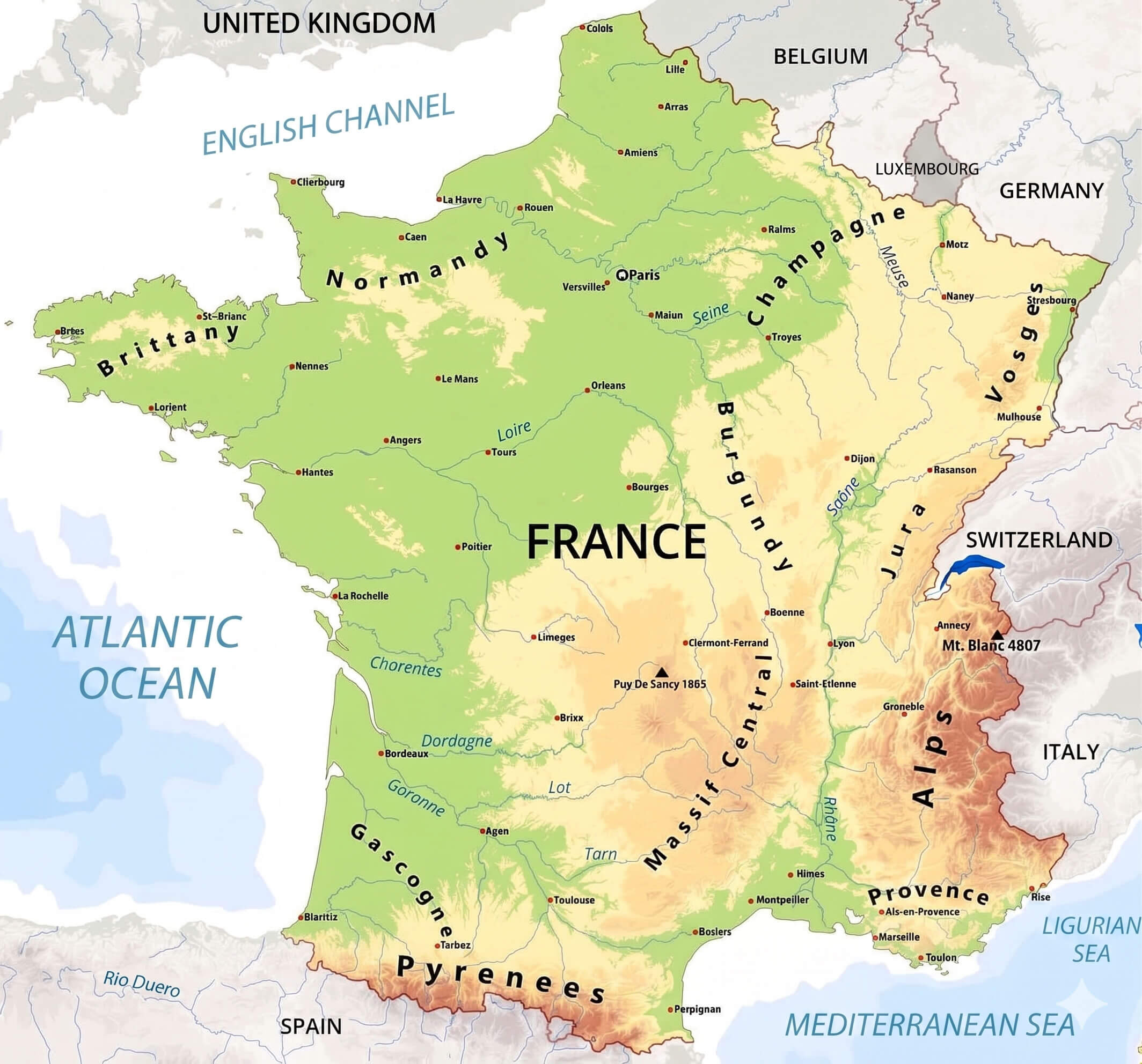 Physical map of France rivers and mountains