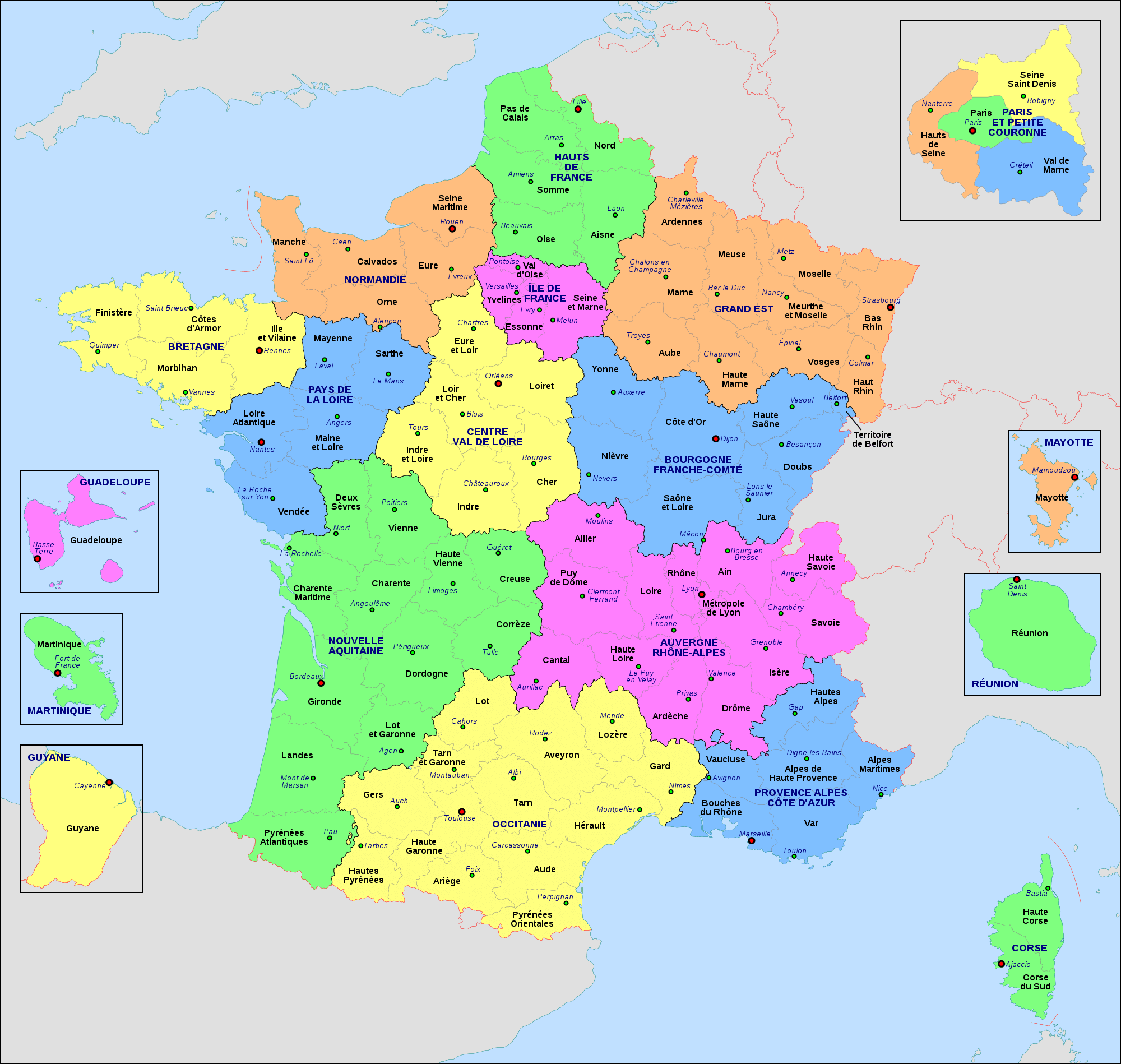 High-resolution France regions territories map