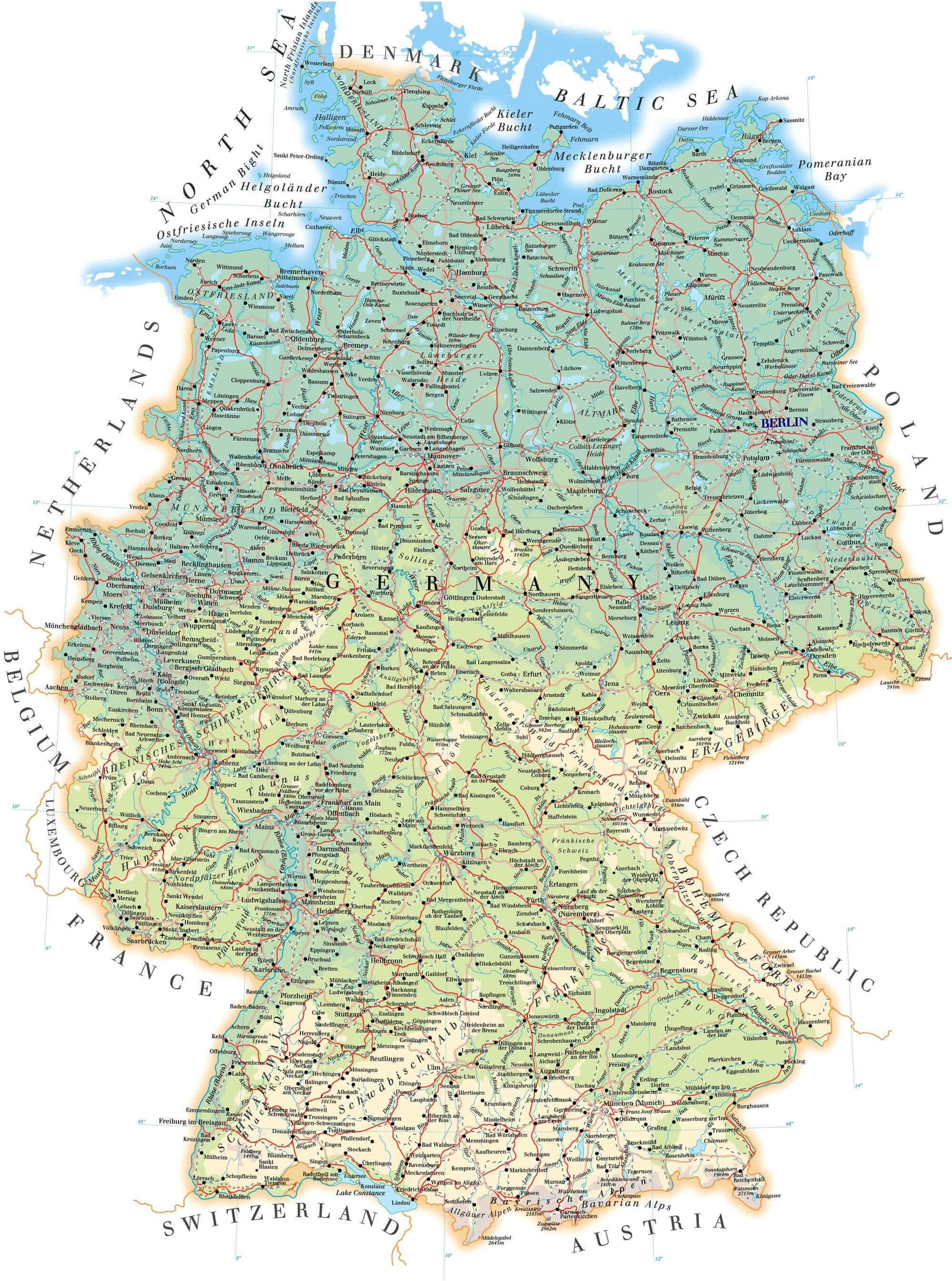 Physical Map of Germany Cities