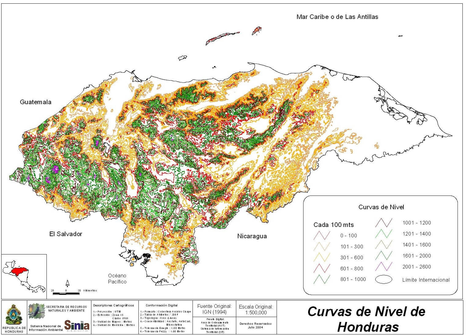 Honduras Elevation Level Curves Map 2004