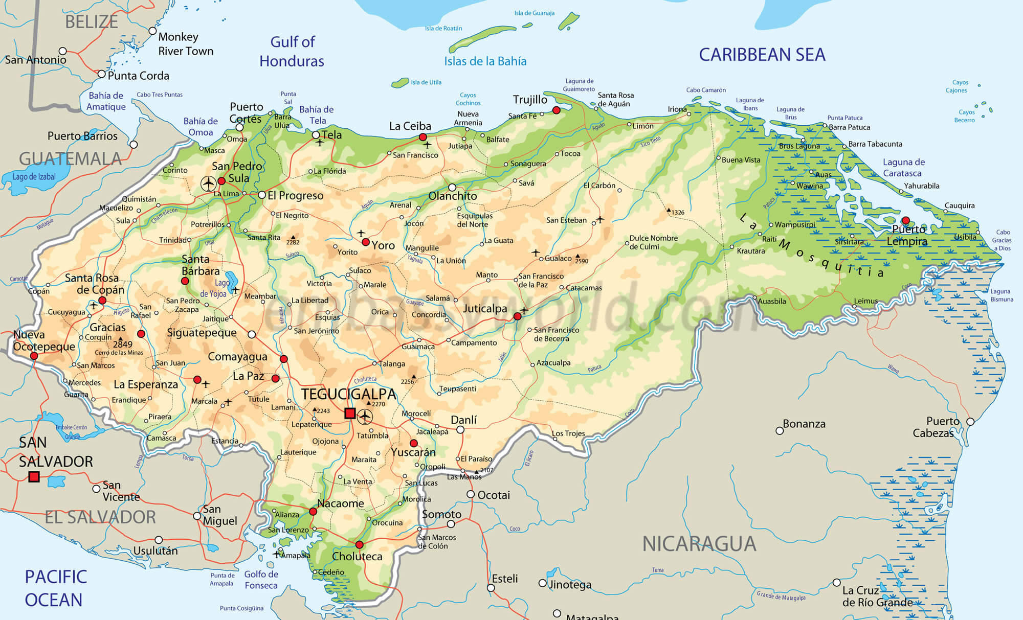 Honduras Physical Map