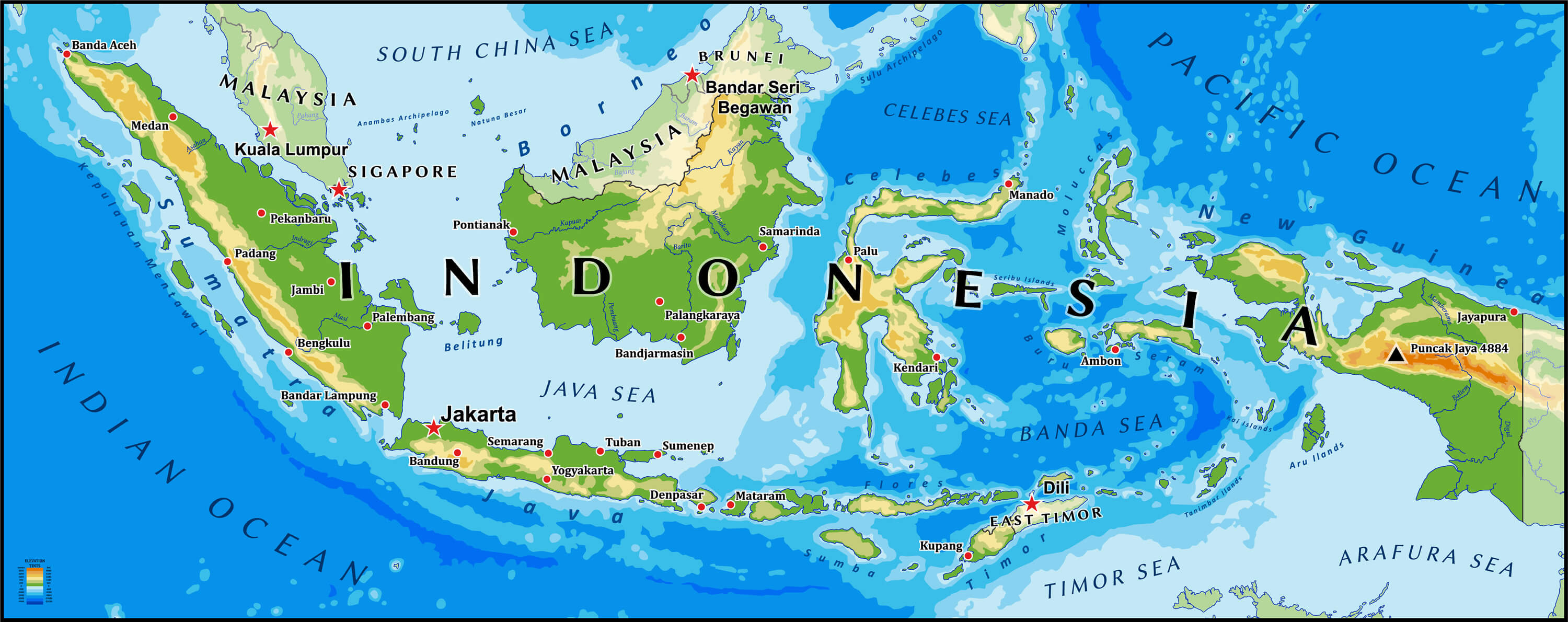 Large Detailed Physical Map Of Indonesia Riset