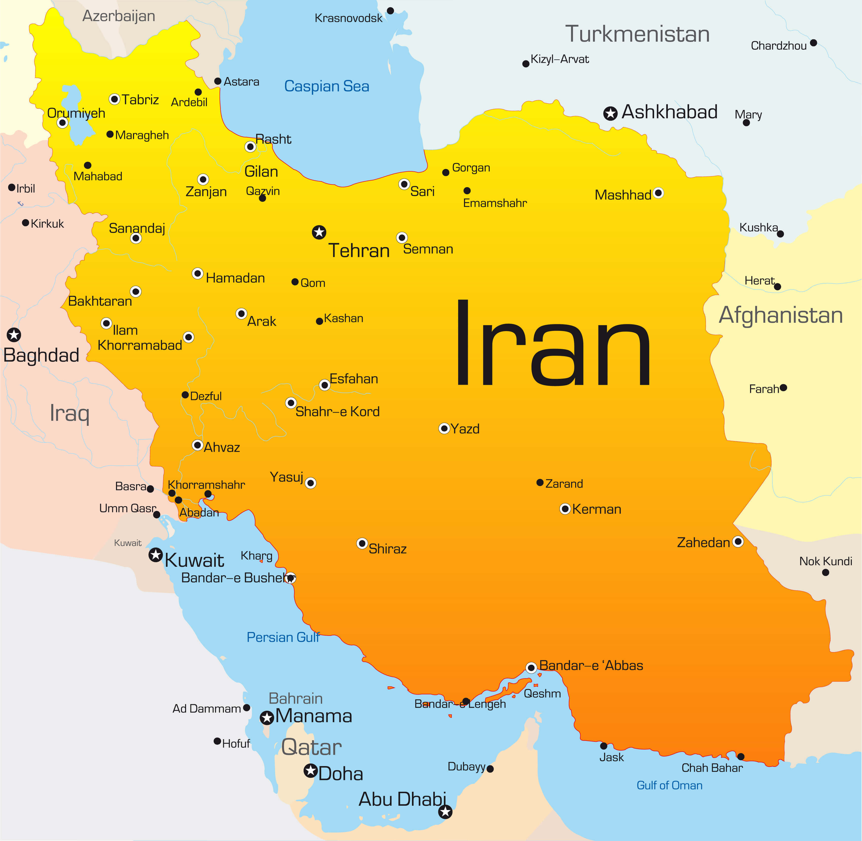 High-resolution Iran major cities map