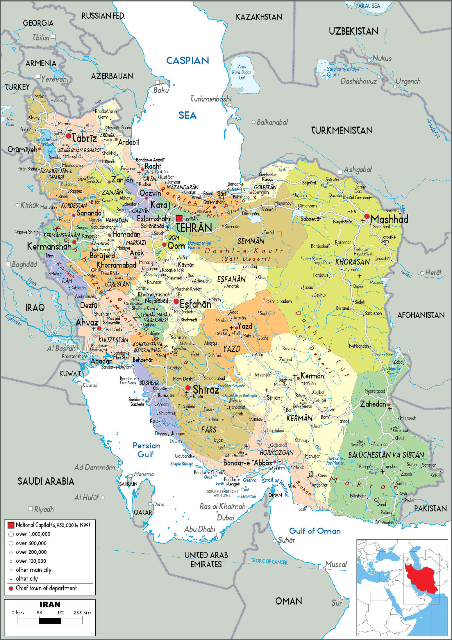 Iran provinces map with largest cities